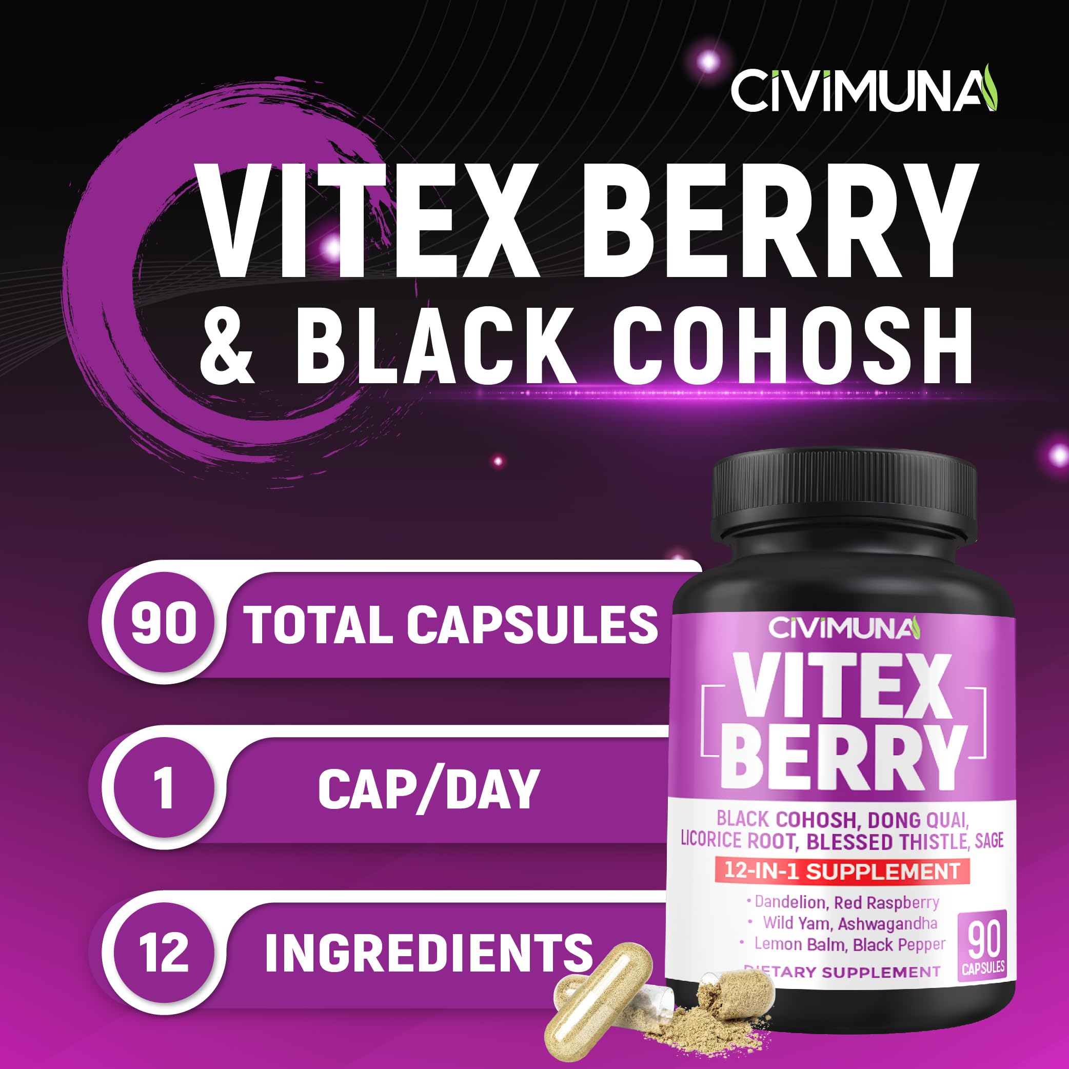 CIVIMUNA Vitex capsules out of pack for daily wellness.
