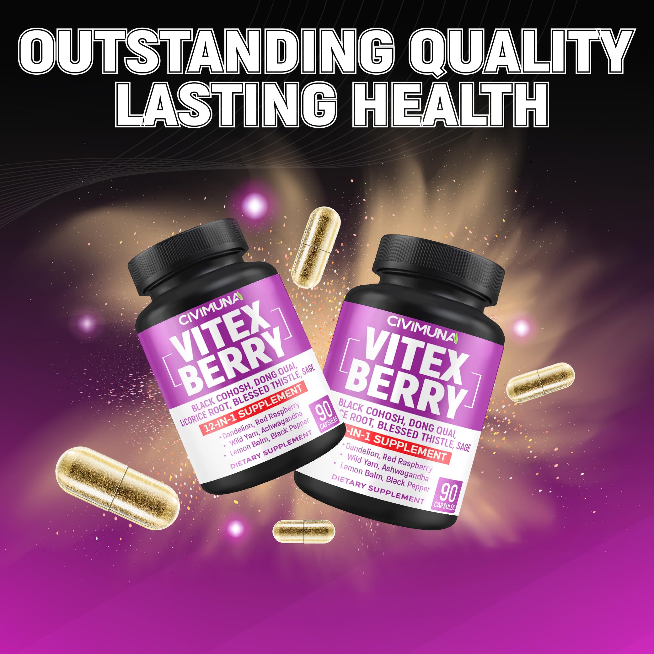 CIVIMUNA Vitex capsules with herbal backdrop suggests daily use.