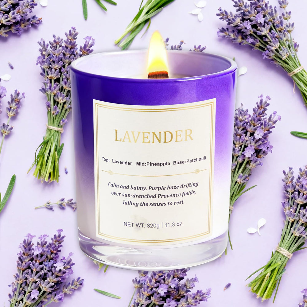 CJVIUS Lavender Wood Wick Candle highlights a cozy crackling ambiance.