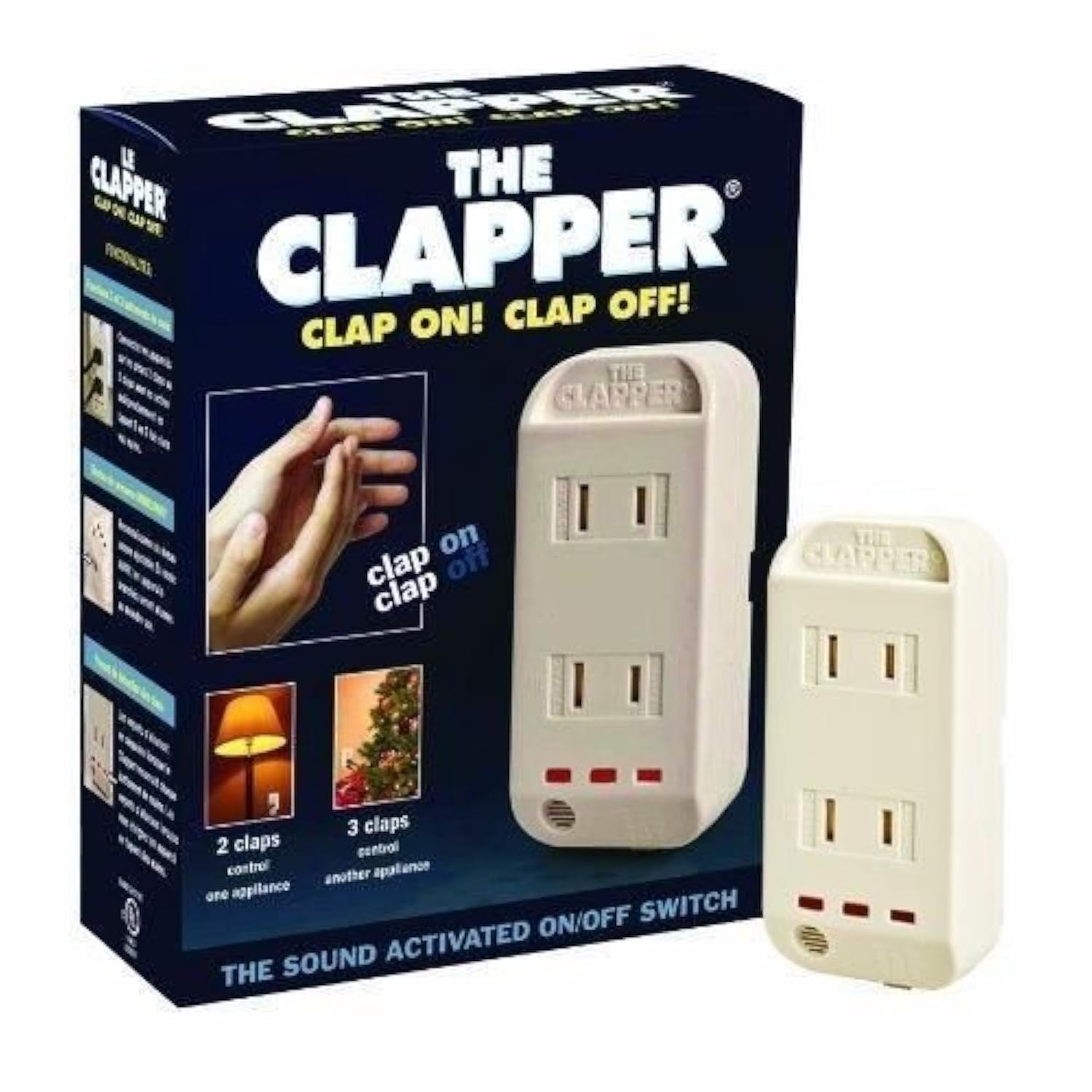 Clapper sound activated on/off switch for hands-free control of lamps and devices.