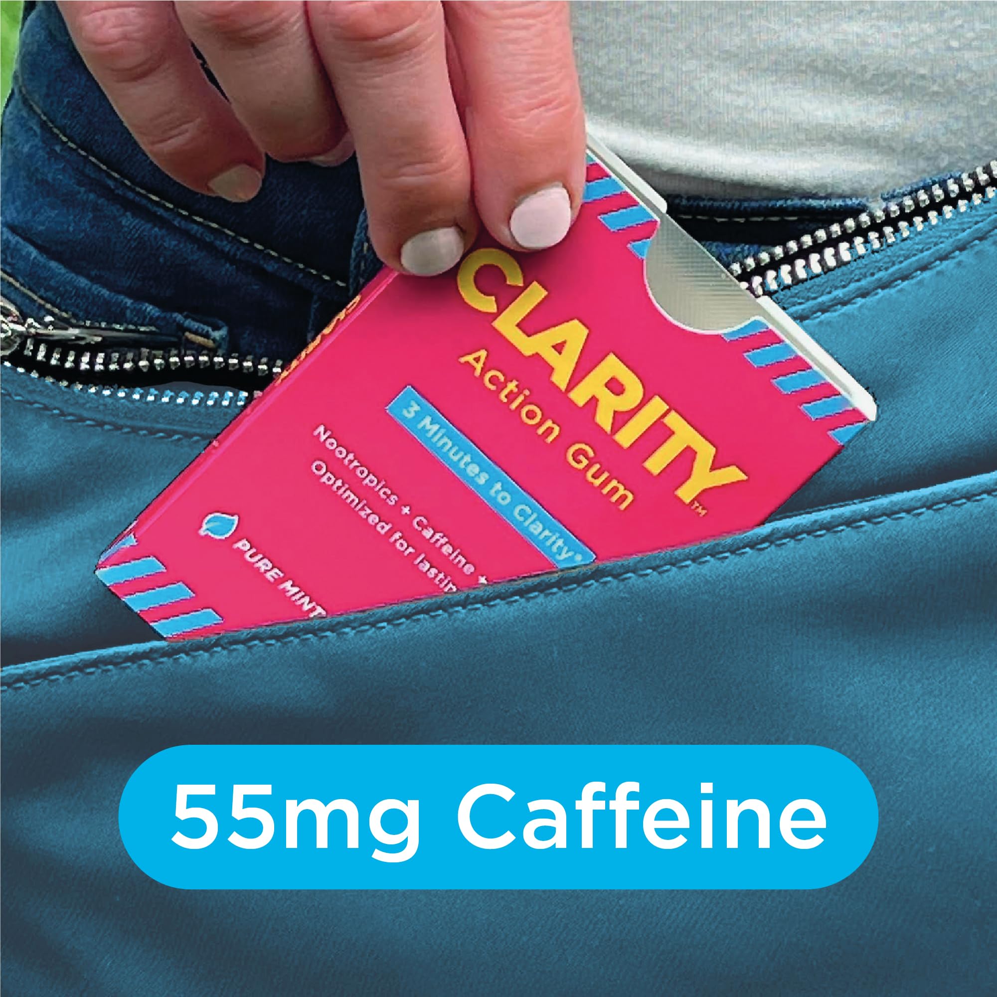 Clarity Action Gum pack back shows caffeine 55mg for on-the-go alertness.