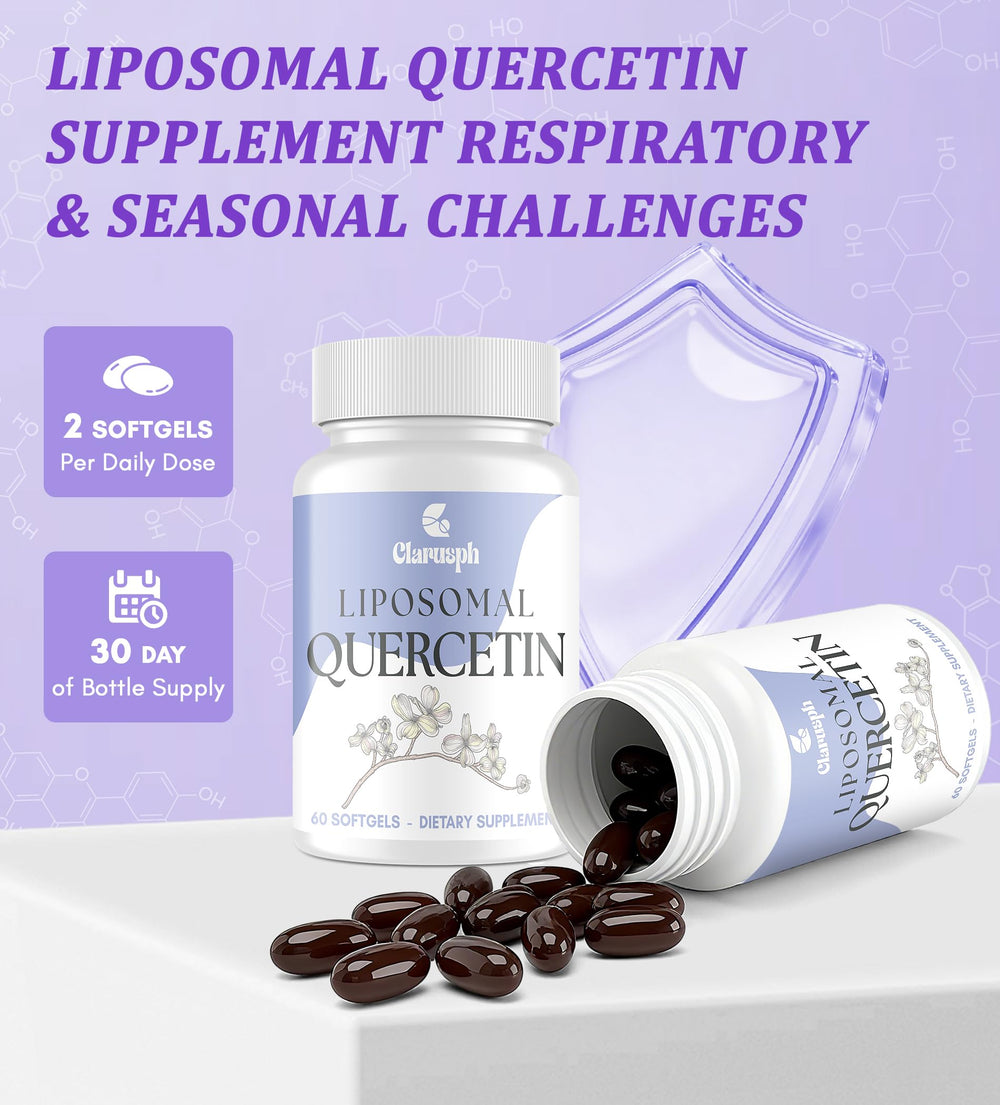 Clarusph Bottle label closeup emphasizes 120 softgels and 1000mg quercetin