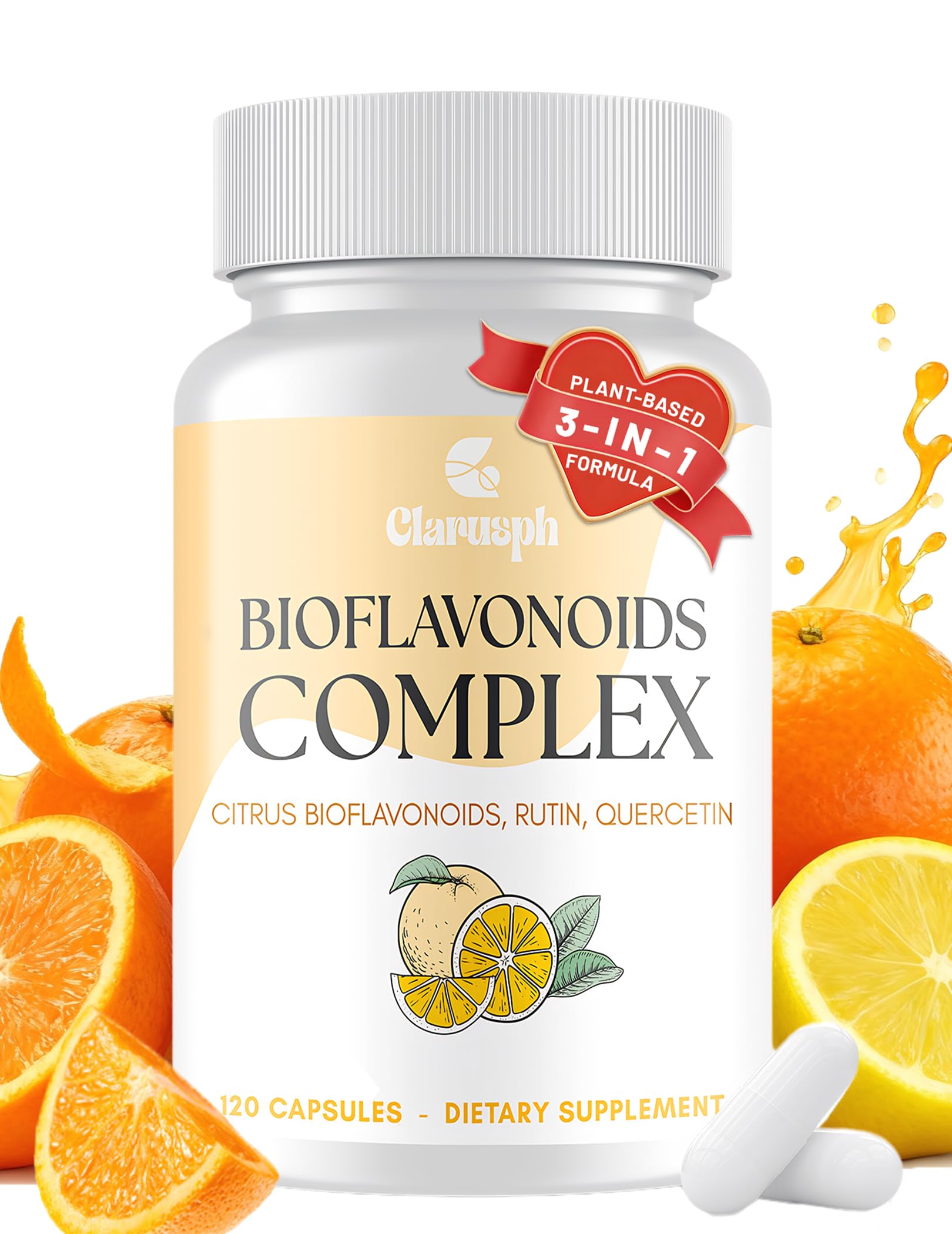 Clarusph Citrus Bioflavonoids capsules in a bottle, highlighting a high strength plant-based formula