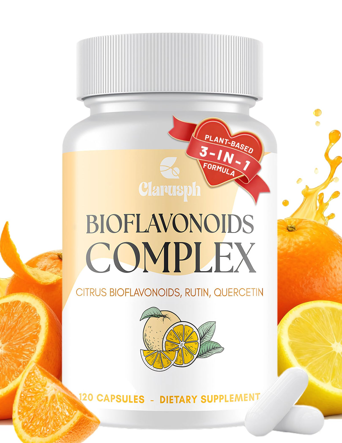 Clarusph Citrus Bioflavonoids capsules in a bottle, highlighting a high strength plant-based formula