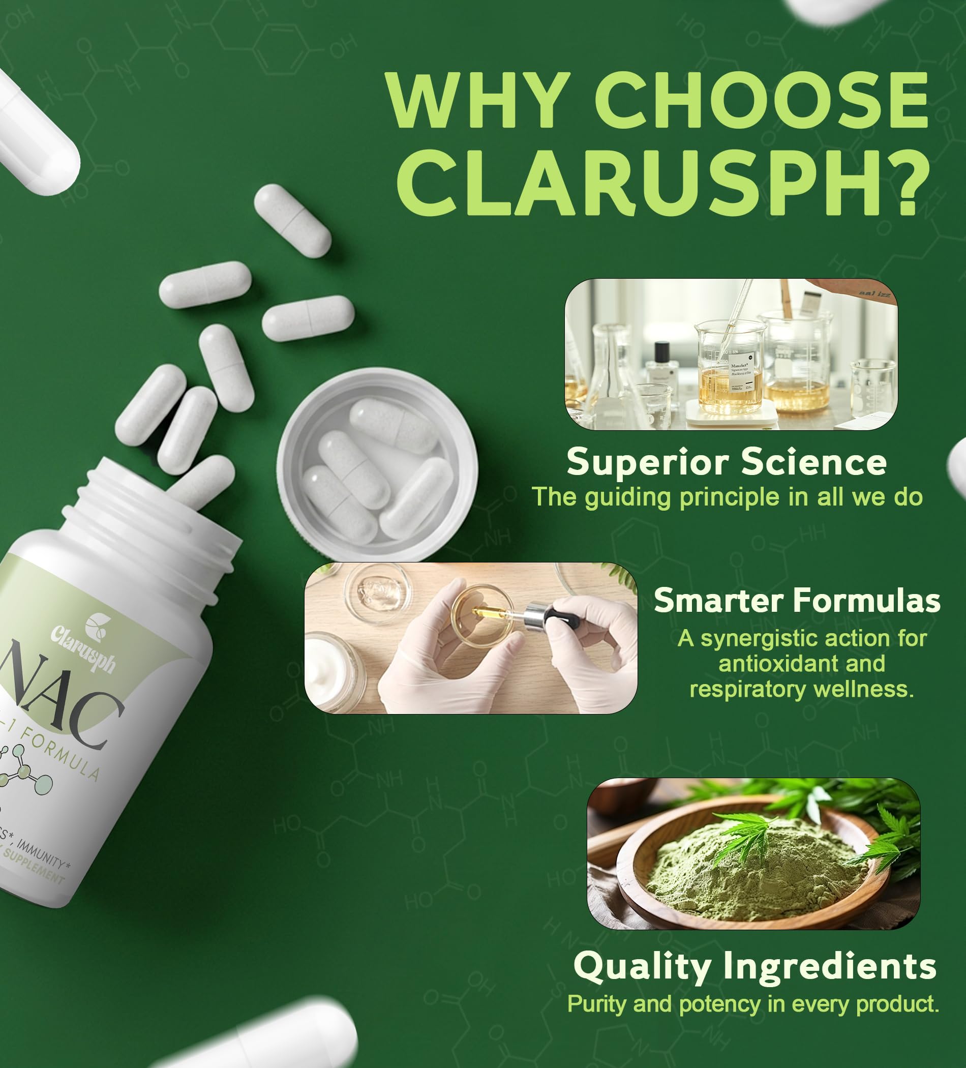 Clarusph NAC capsules shown with packaging reflecting vegan and gluten-free status