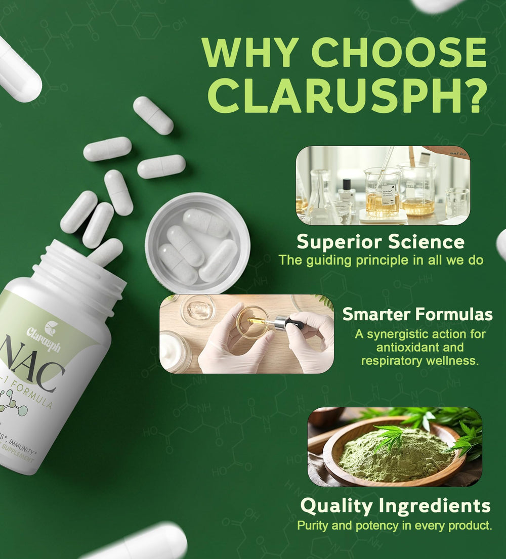 Clarusph NAC capsules shown with packaging reflecting vegan and gluten-free status