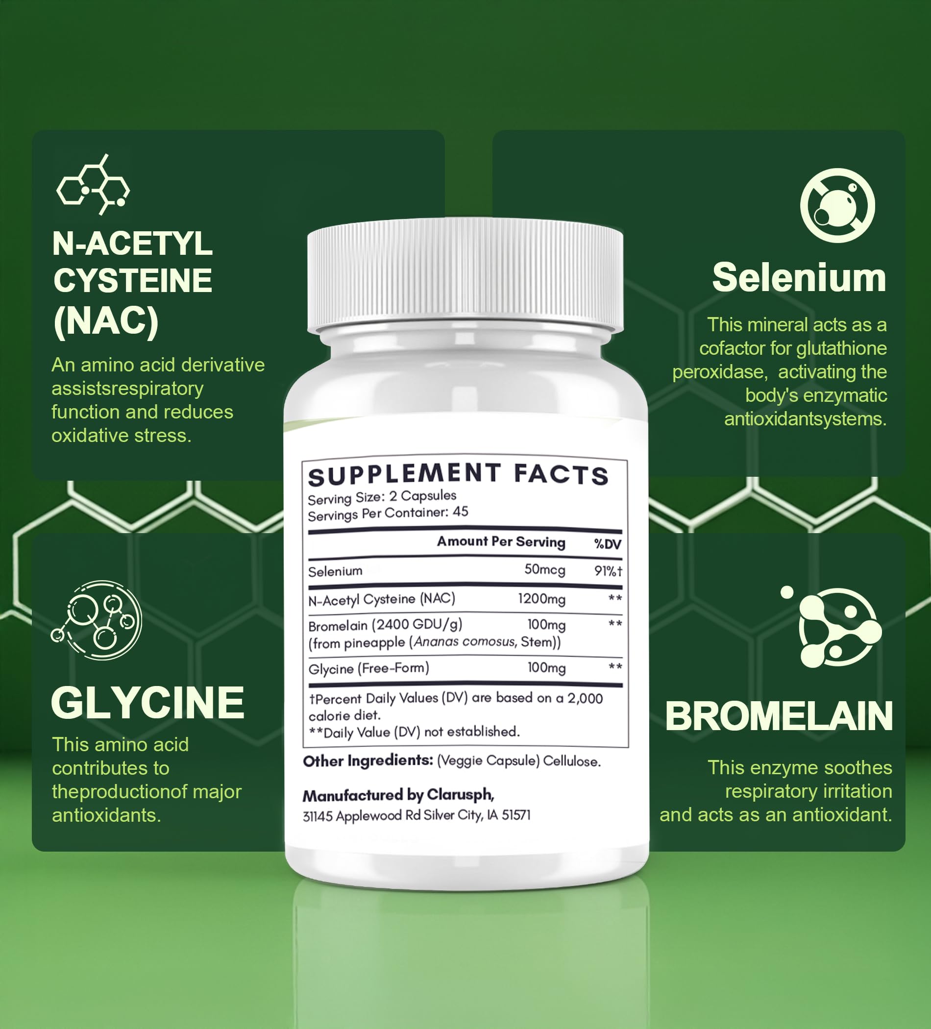 Clarusph NAC ingredients bromelain highlight on label