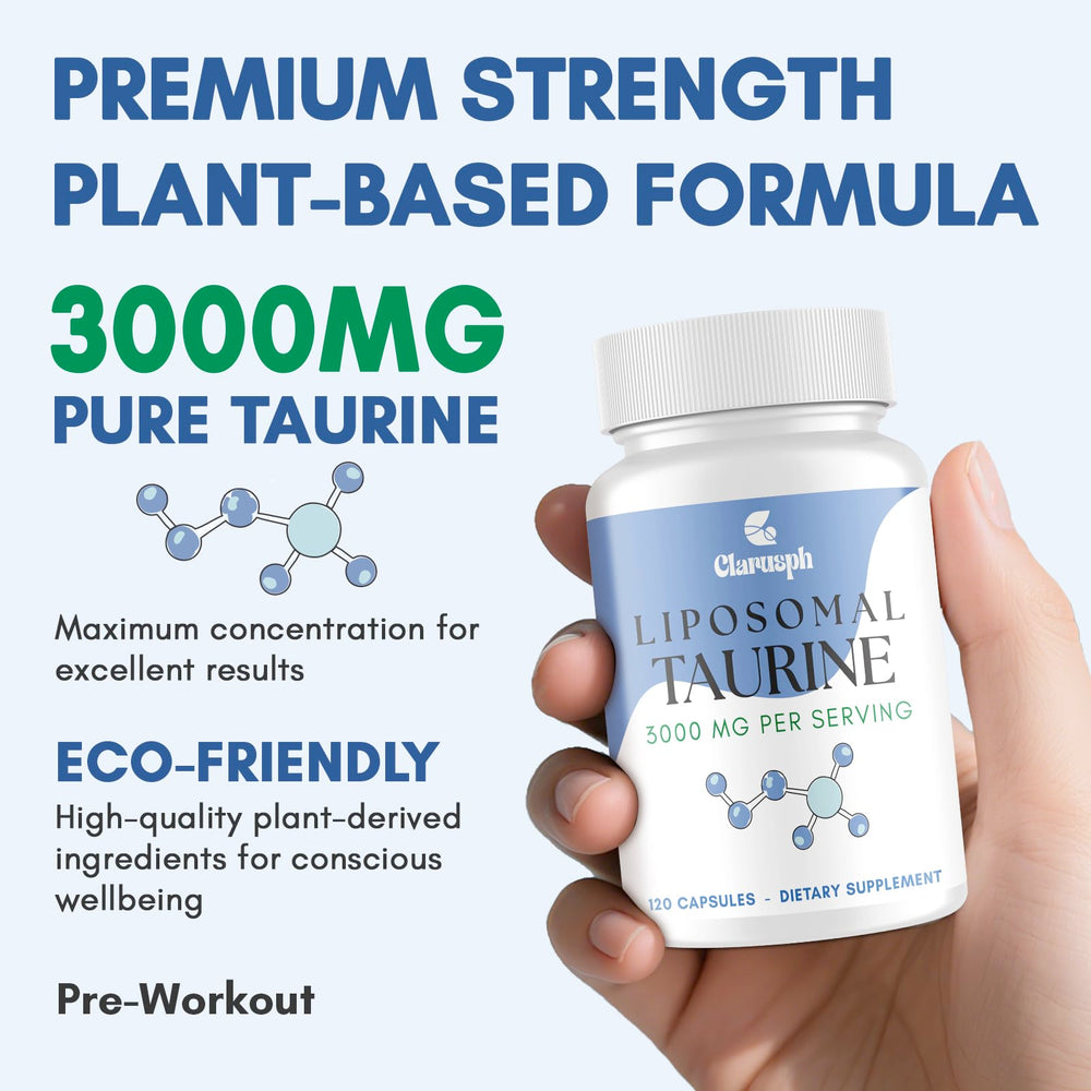 Clarusph Taurine capsules close-up highlighting the high-dose formula for workouts