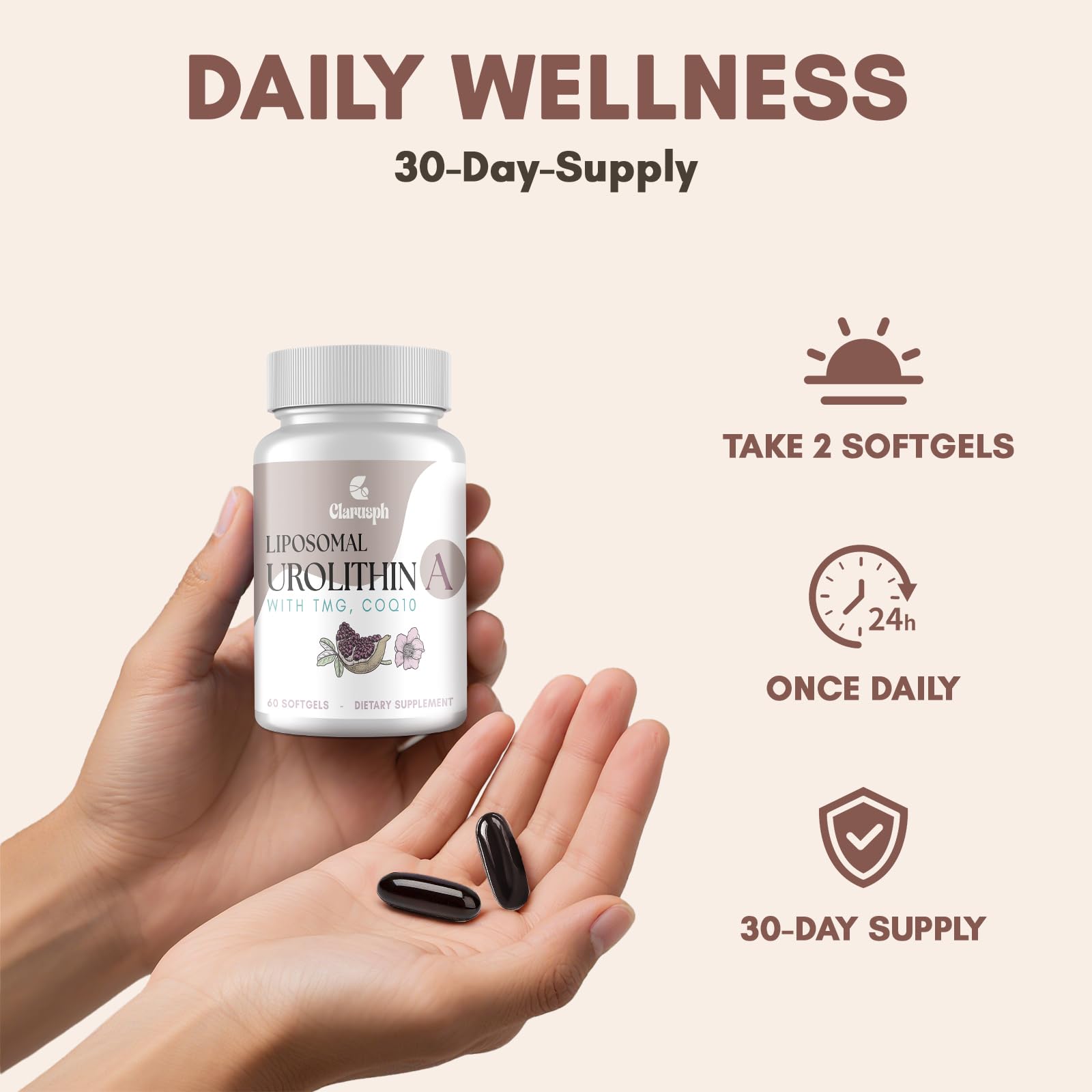 Clarusph Urolithin A packaging on desk for convenient daily use