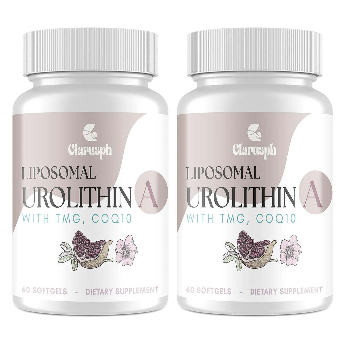 Clarusph Urolithin A softgels bottle close-up highlighting liposomal delivery for steady energy