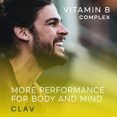 CLAV Vitamin B Complex bottle on shelf highlighting vegan, gluten-free formula