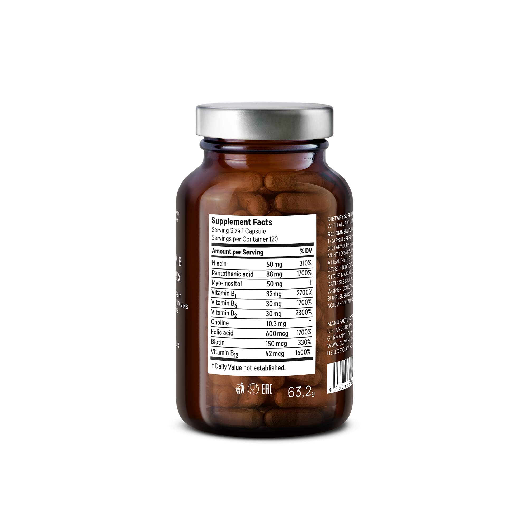 German-made CLAV Vitamin B Complex in amber recyclable bottle