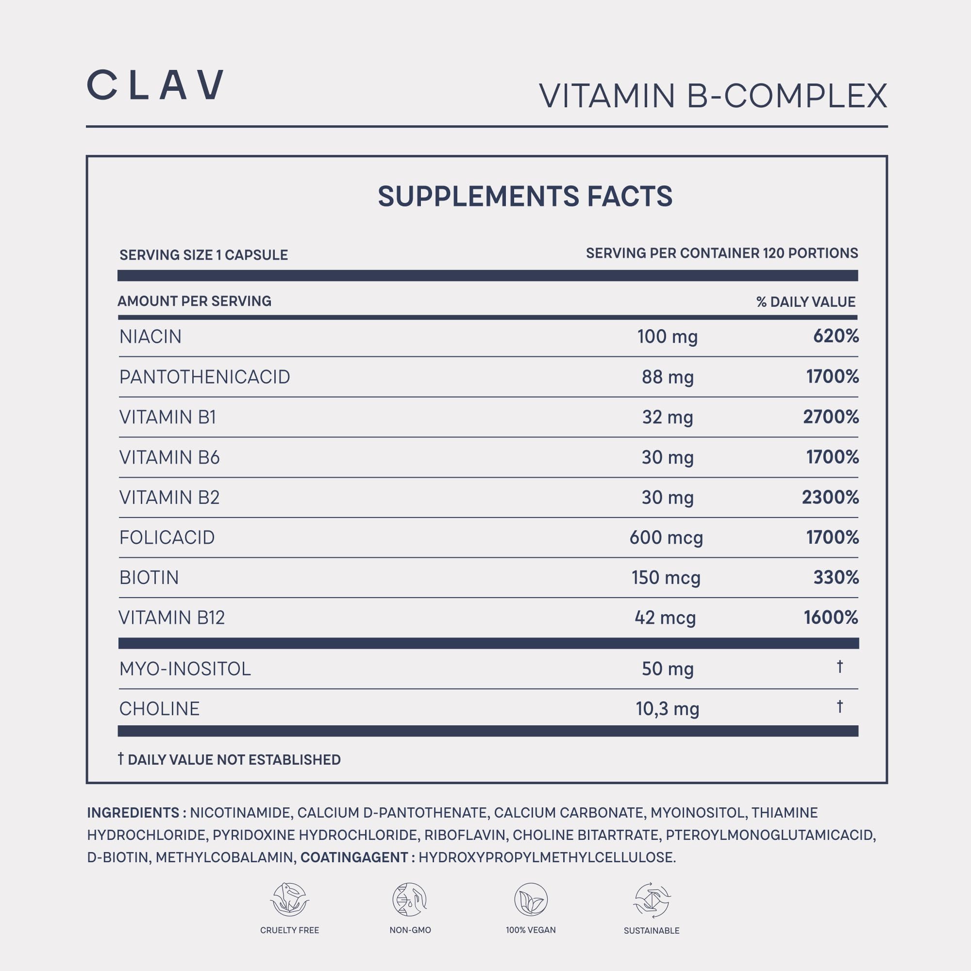 Vegan-certified CLAV B Complex packaging and branding