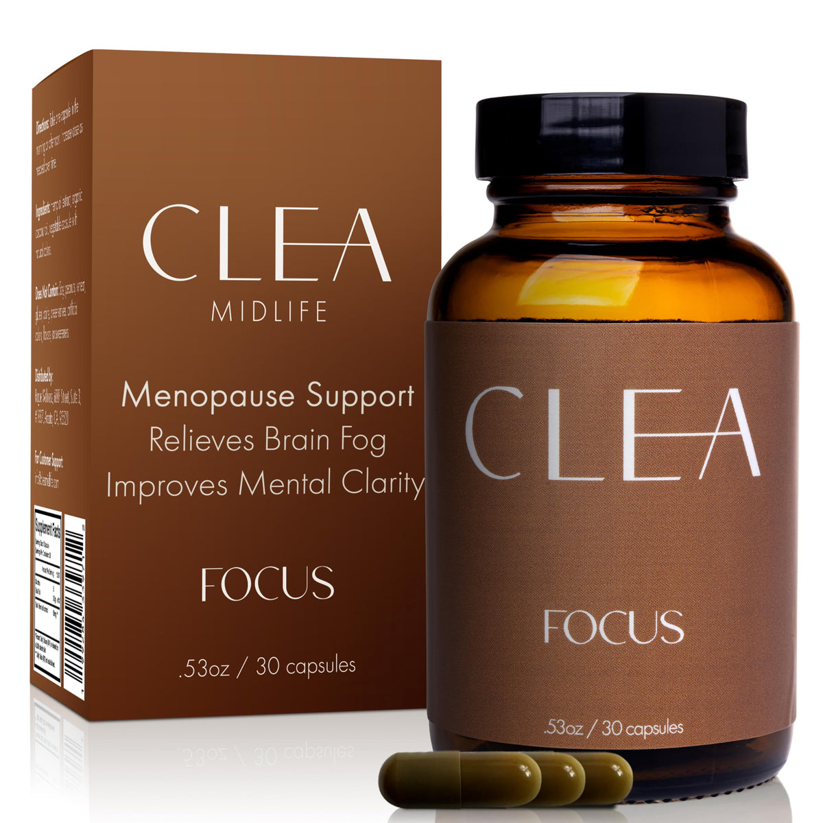 CLEA Midlife Focus bottle label showing product details and branding for brain fog support