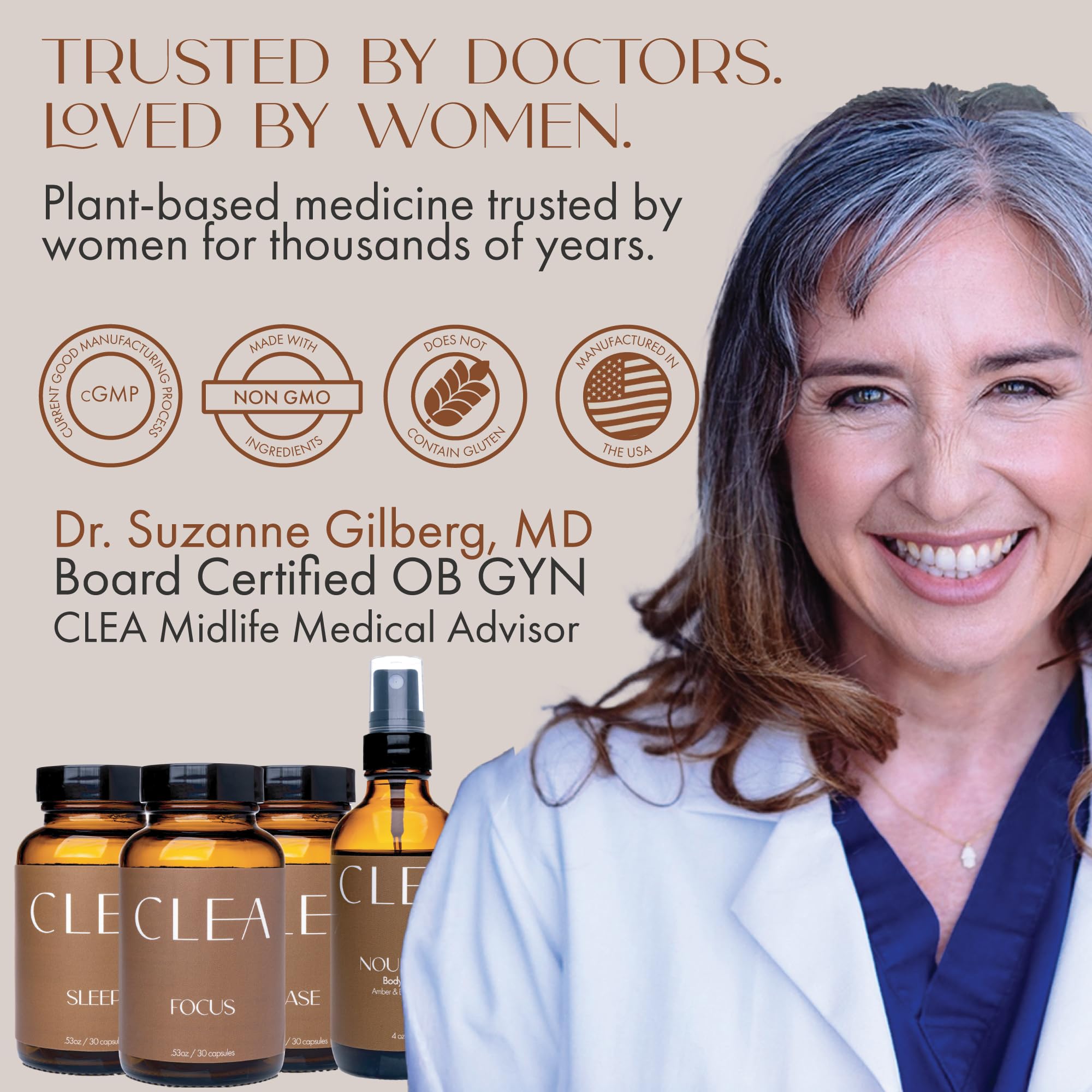 Closeup of CLEA Midlife Focus capsules highlighting 50 mg hemp oil
