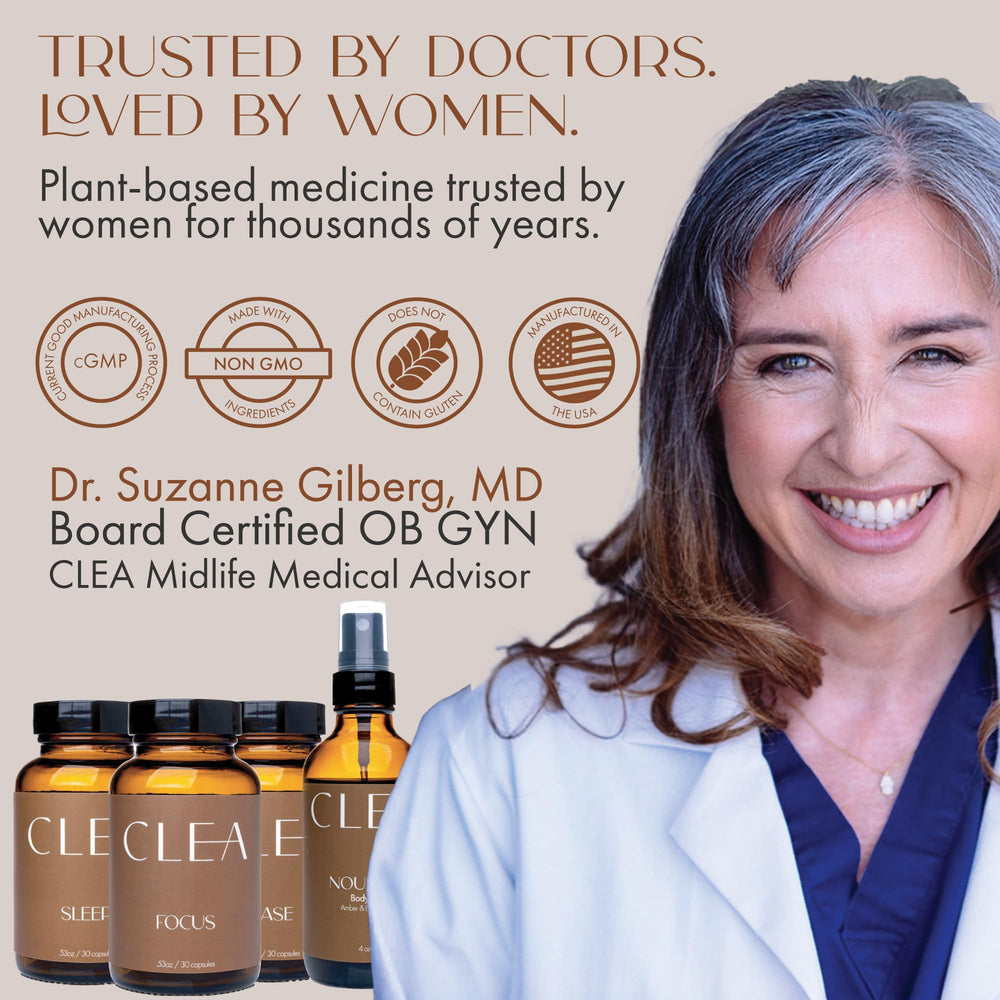 Closeup of CLEA Midlife Focus capsules highlighting 50 mg hemp oil