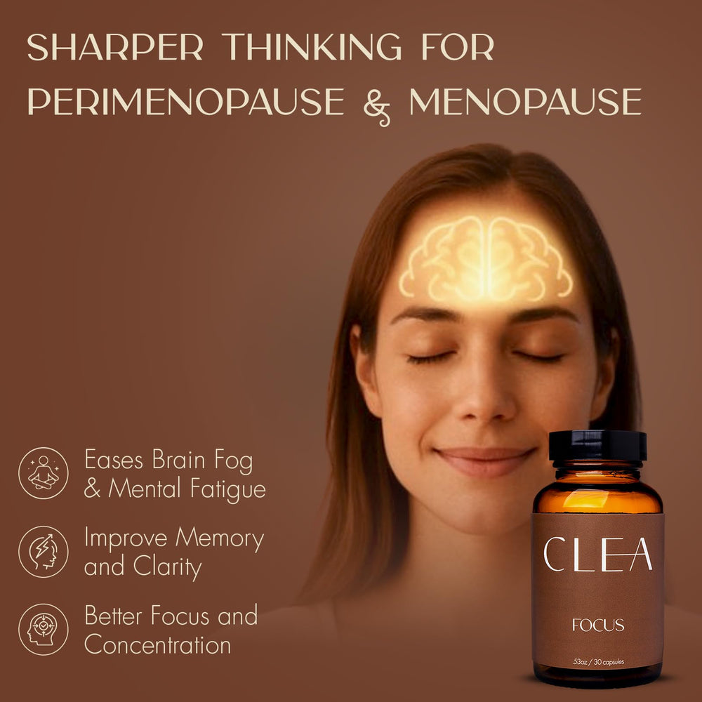 Flatlay of CLEA Midlife Focus packaging with branding and ingredients