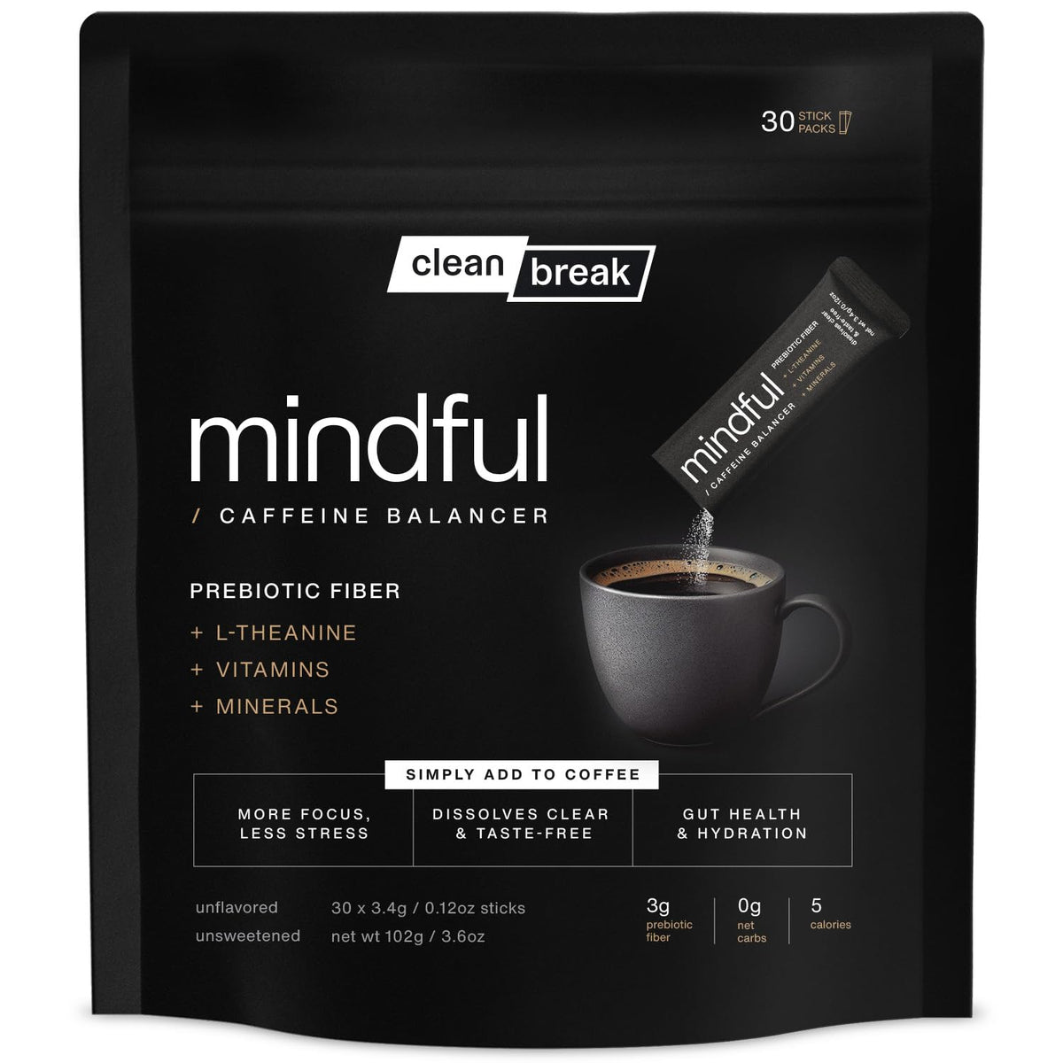 Clean Break Mindful dissolves clear in coffee for a tasteless focus boost