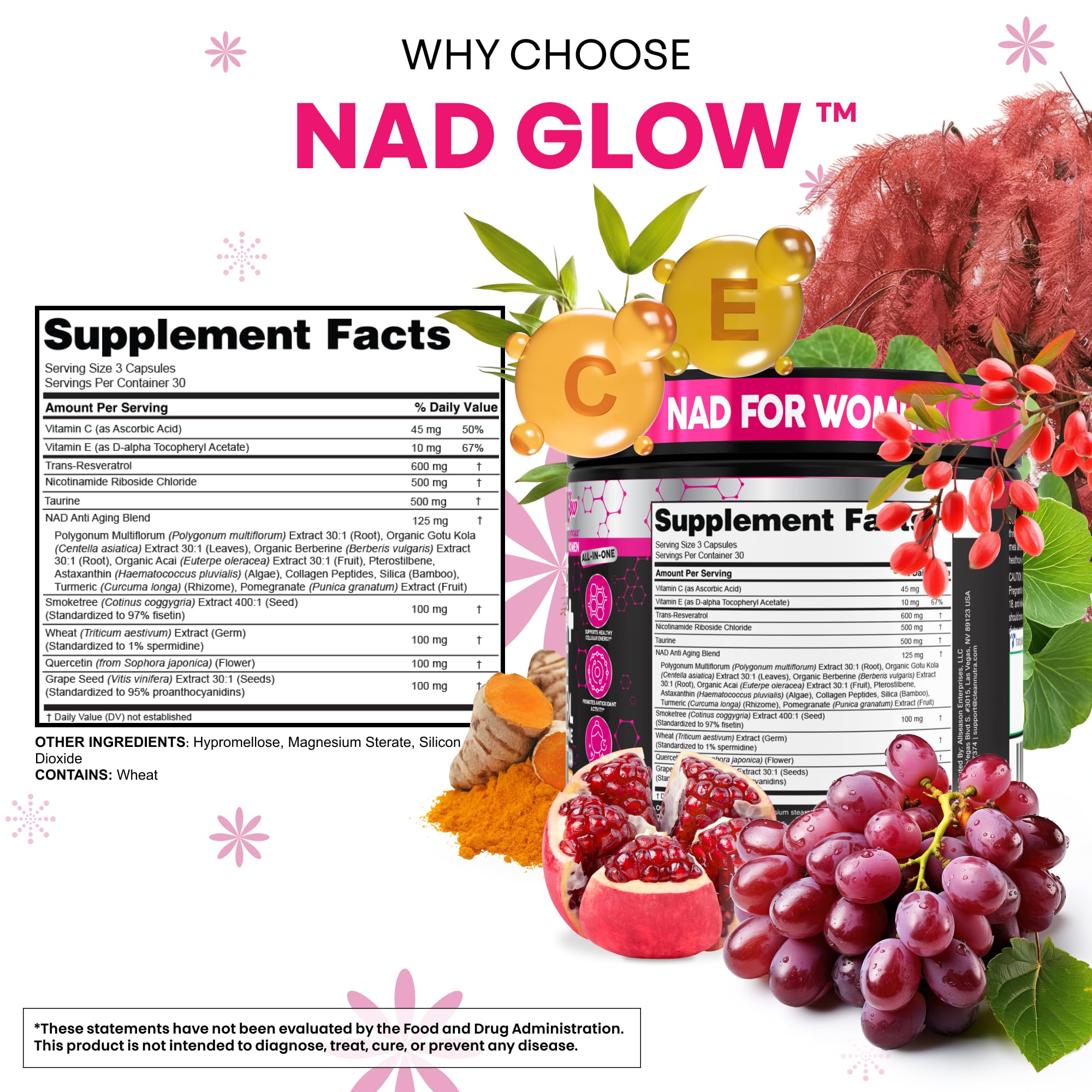 Clean Nutra acai pomegranate blend image highlights antioxidant-rich ingredients.