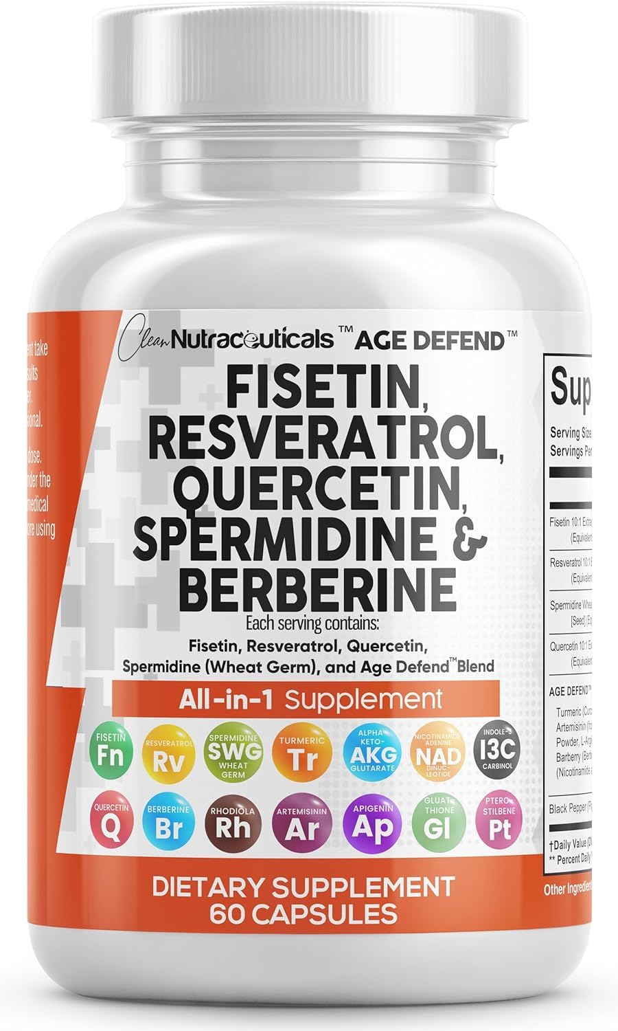 Clean Nutraceuticals Age Defend bottle close-up highlighting antioxidant blend.