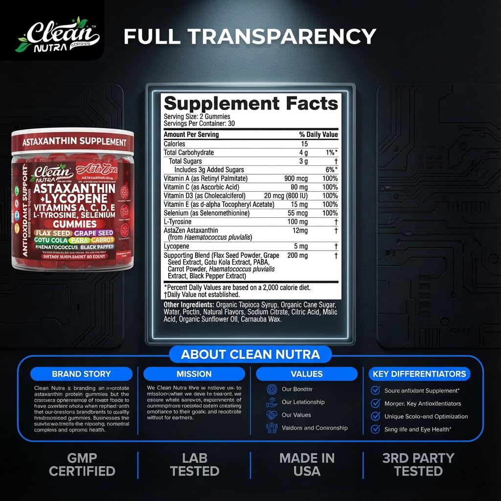 Clean Nutra AstaZen vitamins A C D E icons on pack indicating broad nutrient support