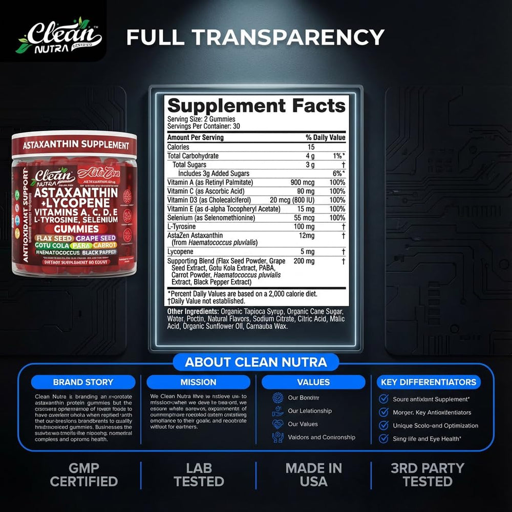 Clean Nutra AstaZen vitamins A C D E icons on pack indicating broad nutrient support