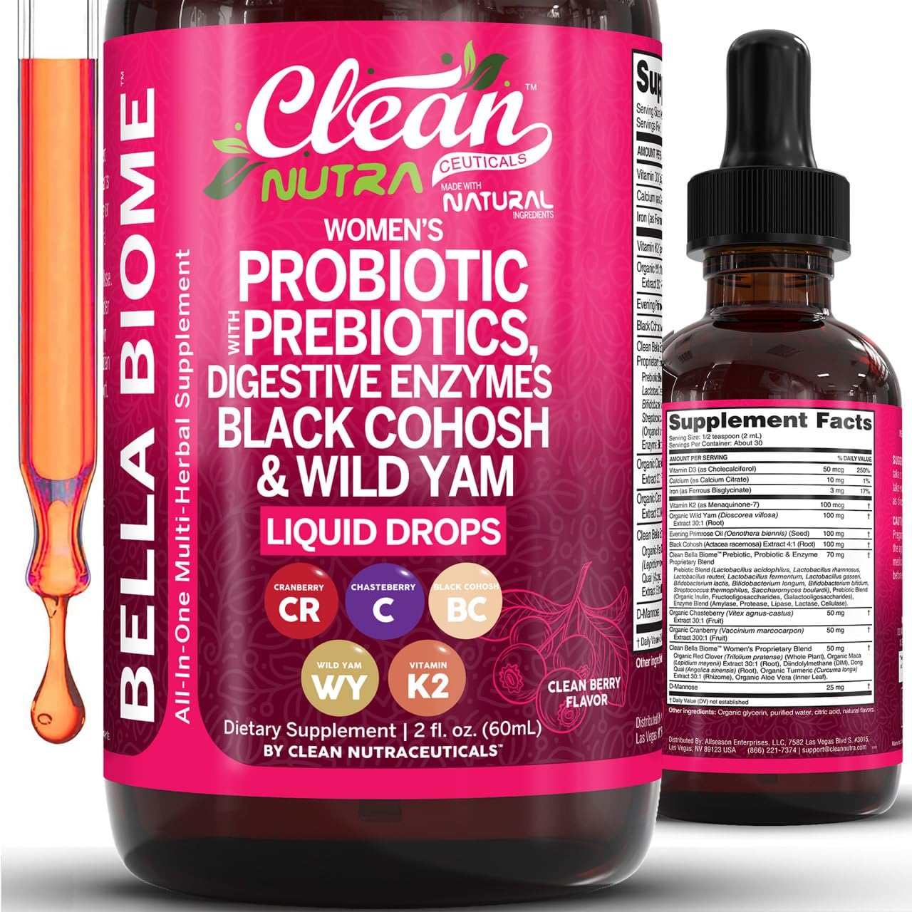 Clean Nutra Bella Biotics bottle with drops to support daily digestive balance and easy dosing