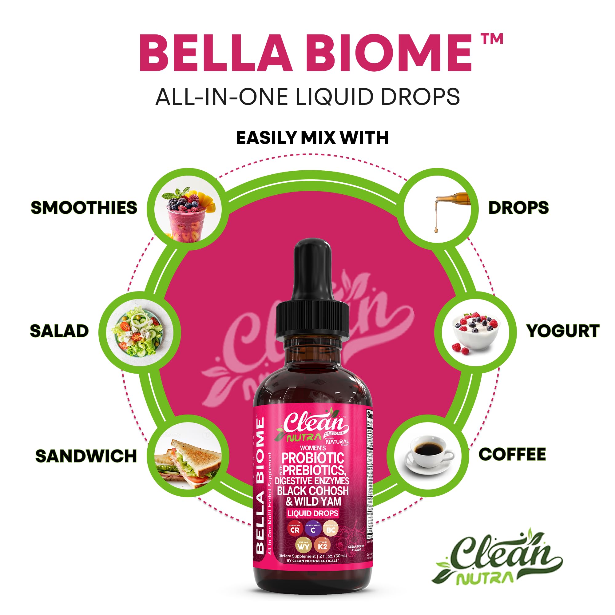 Digestive health scene with enzymes and probiotics in Clean Nutra Bella Biotics