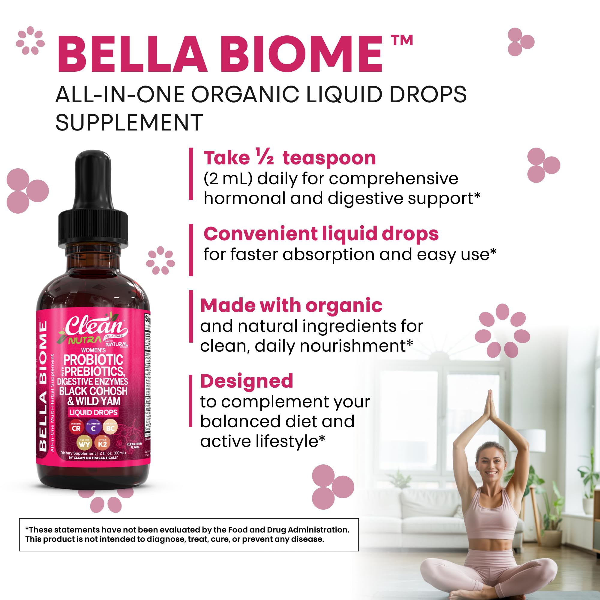 Hormone balance scene featuring Clean Nutra Bella Biotics for menopause-friendly wellness
