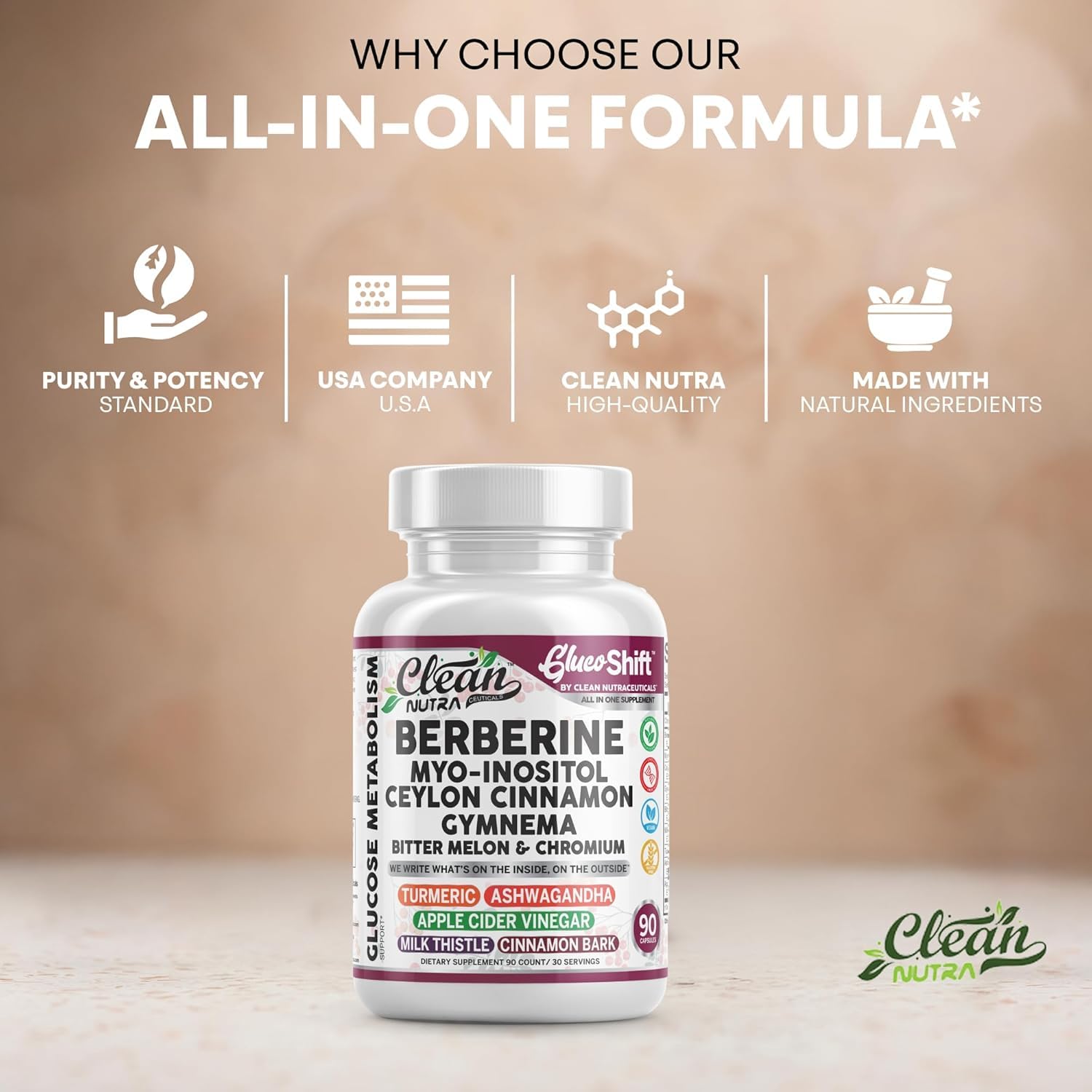 Clean Nutra Berberine with Bitter Melon element implying natural antioxidant support