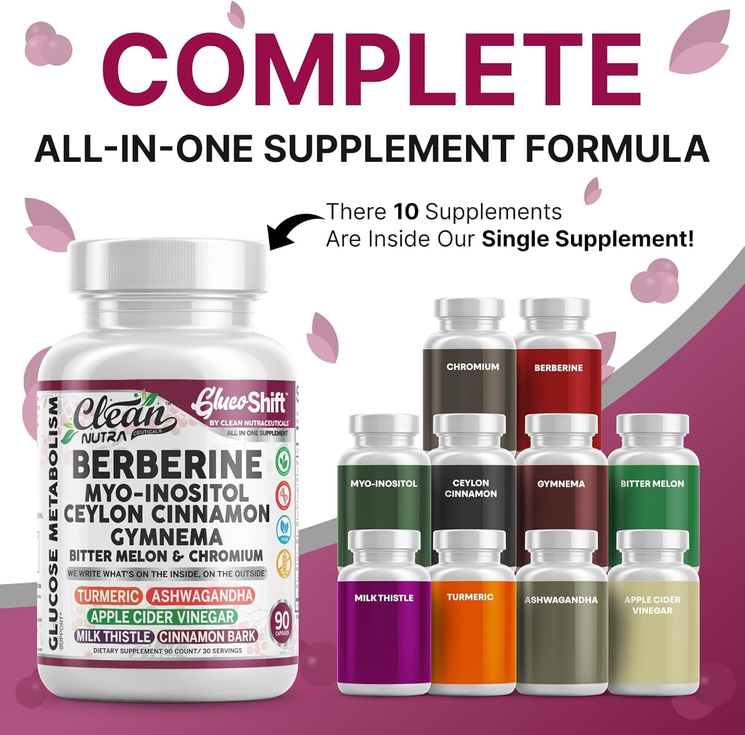 Clean Nutra Berberine ingredients collage with Myo-Inositol and Cinnamon for balance