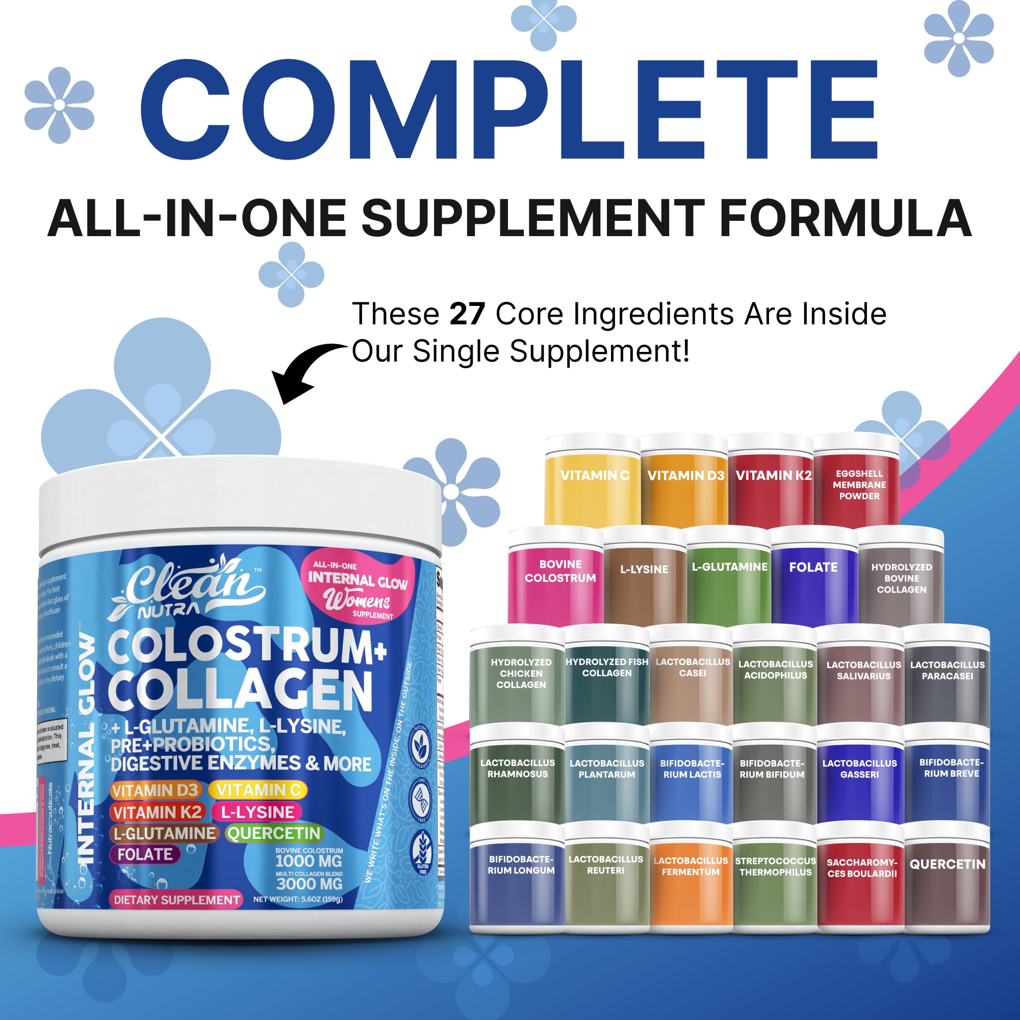 Clean Nutra colostrum-collagen powder scoop for an easy daily serving.
