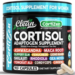 Clean Nutra Cortisol for Women bottle front showing compact packaging aiding daily energy