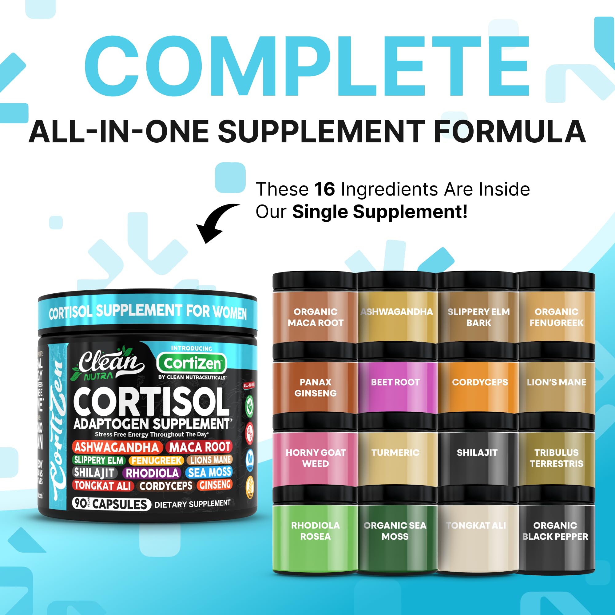 Clean Nutra Cortisol for Women bottle side detailing capsule count for easy dosing