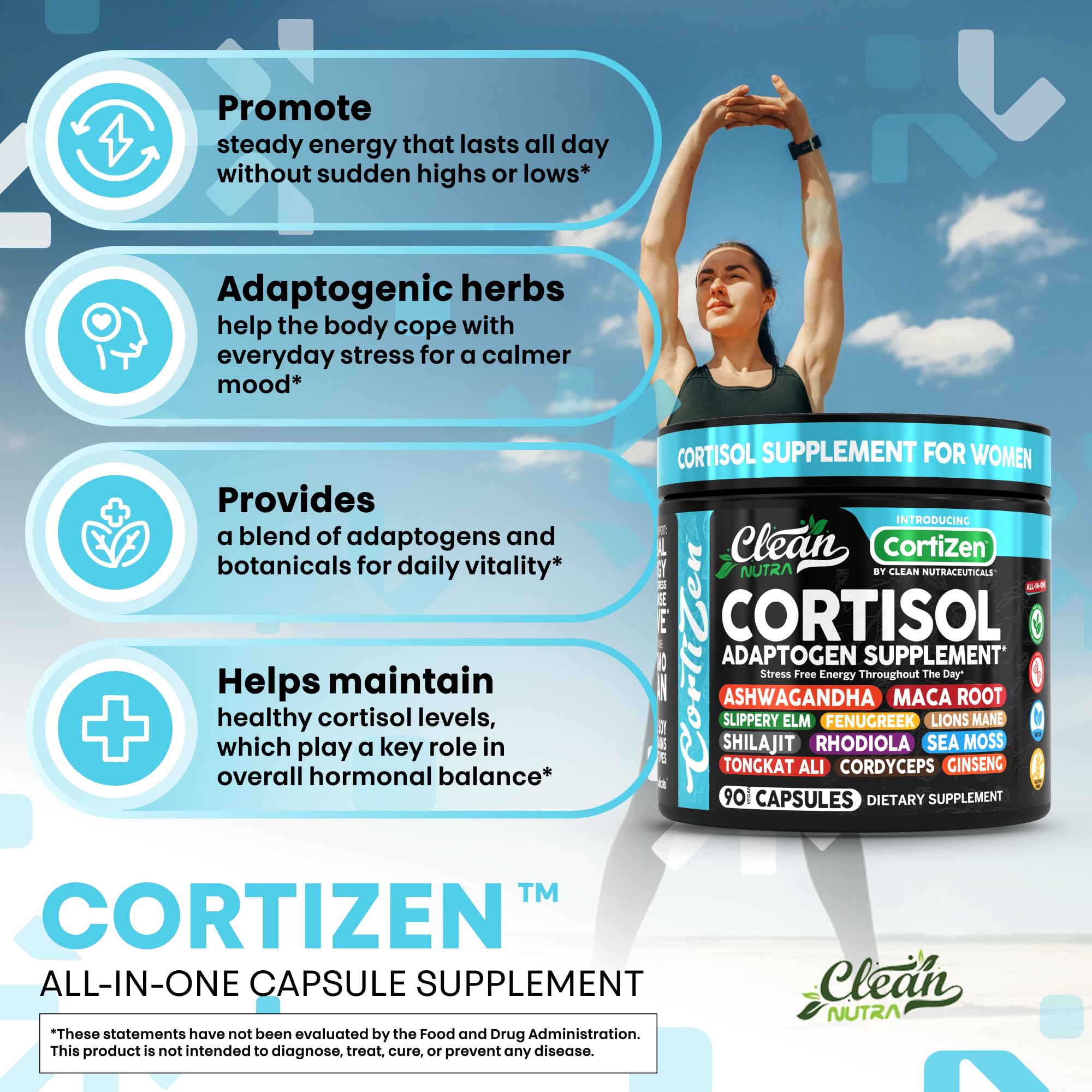 Clean Nutra Cortisol for Women label closeup highlighting key ingredients