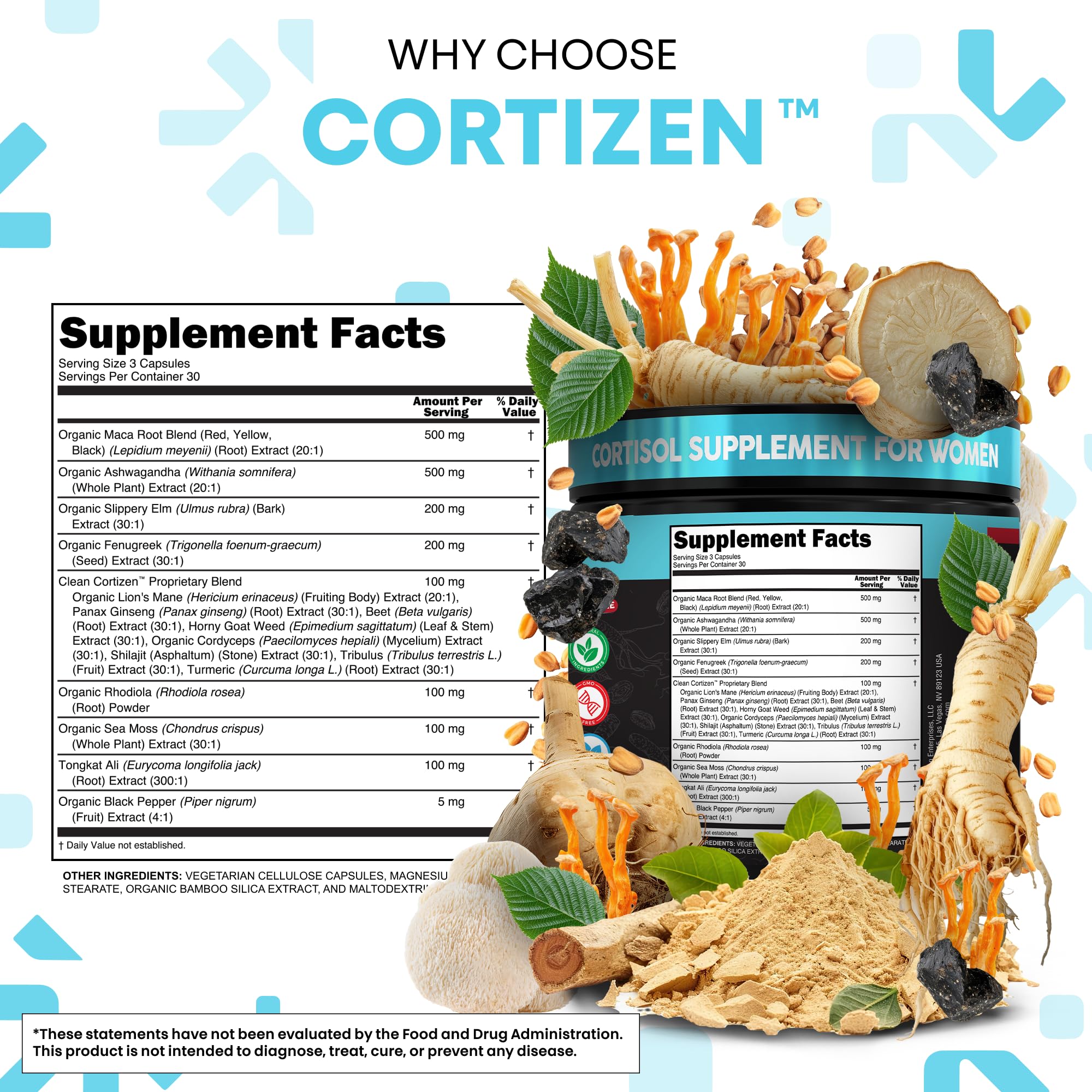 Clean Nutra Cortisol for Women packaging view illustrating convenient daily routine
