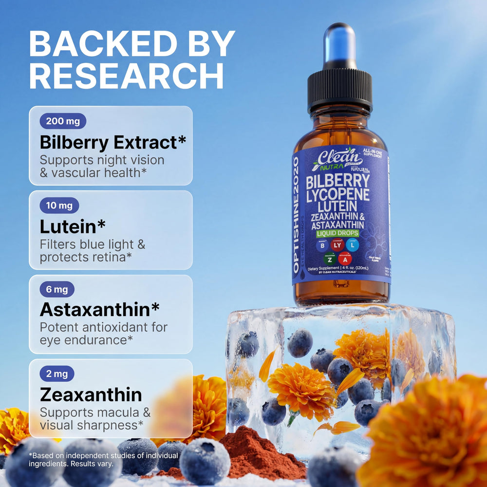 Clean Nutra Eye Drops astaxanthin-liquid highlights potent antioxidant blend for eye comfort.