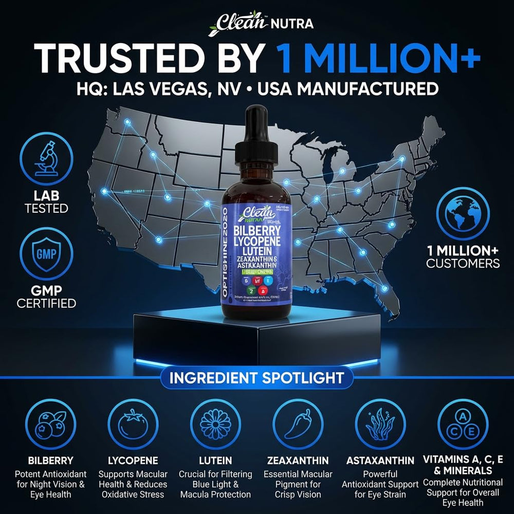 Clean Nutra Eye Drops bilberry-ingredient panel implies immune-friendly berry extract.