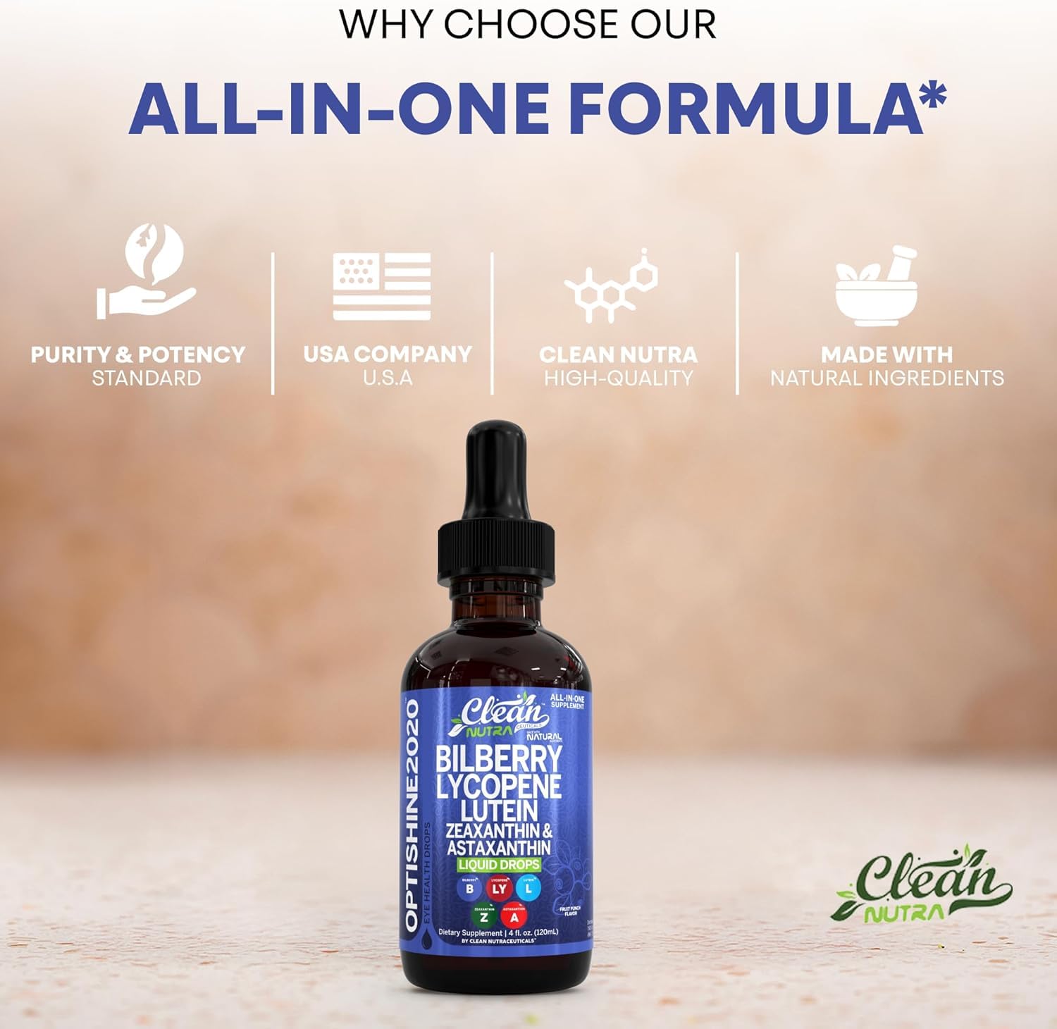Clean Nutra Eye Drops front-label-close reveal trusted, all-in-one formula.