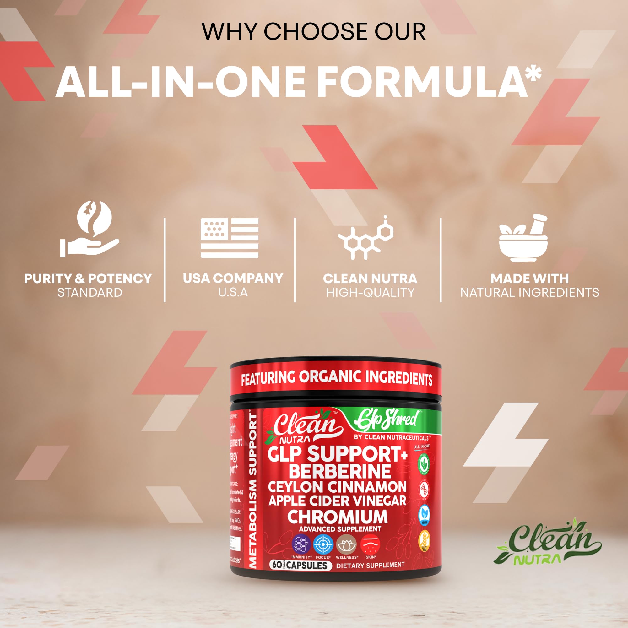 Clean Nutra GLP1 ingredients list highlighting berberine, cinnamon, turmeric for wellness.