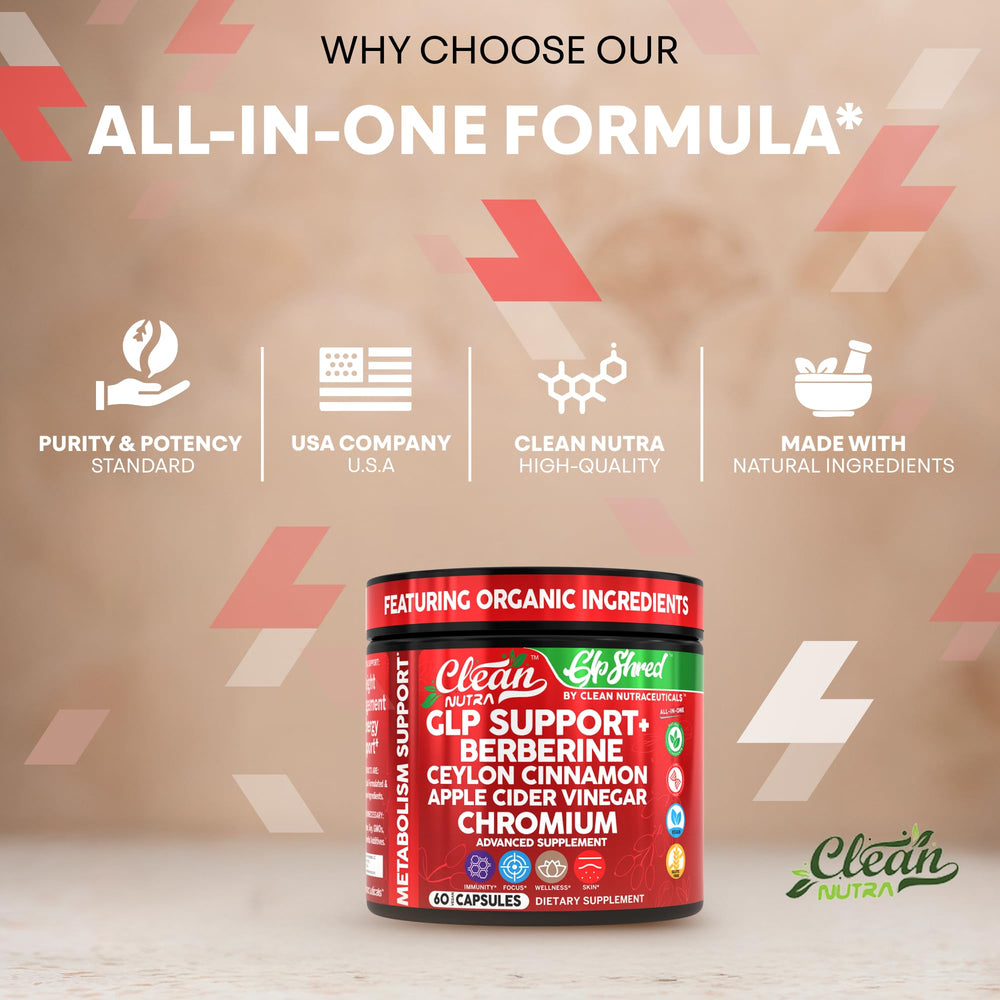 Clean Nutra GLP1 ingredients list highlighting berberine, cinnamon, turmeric for wellness.