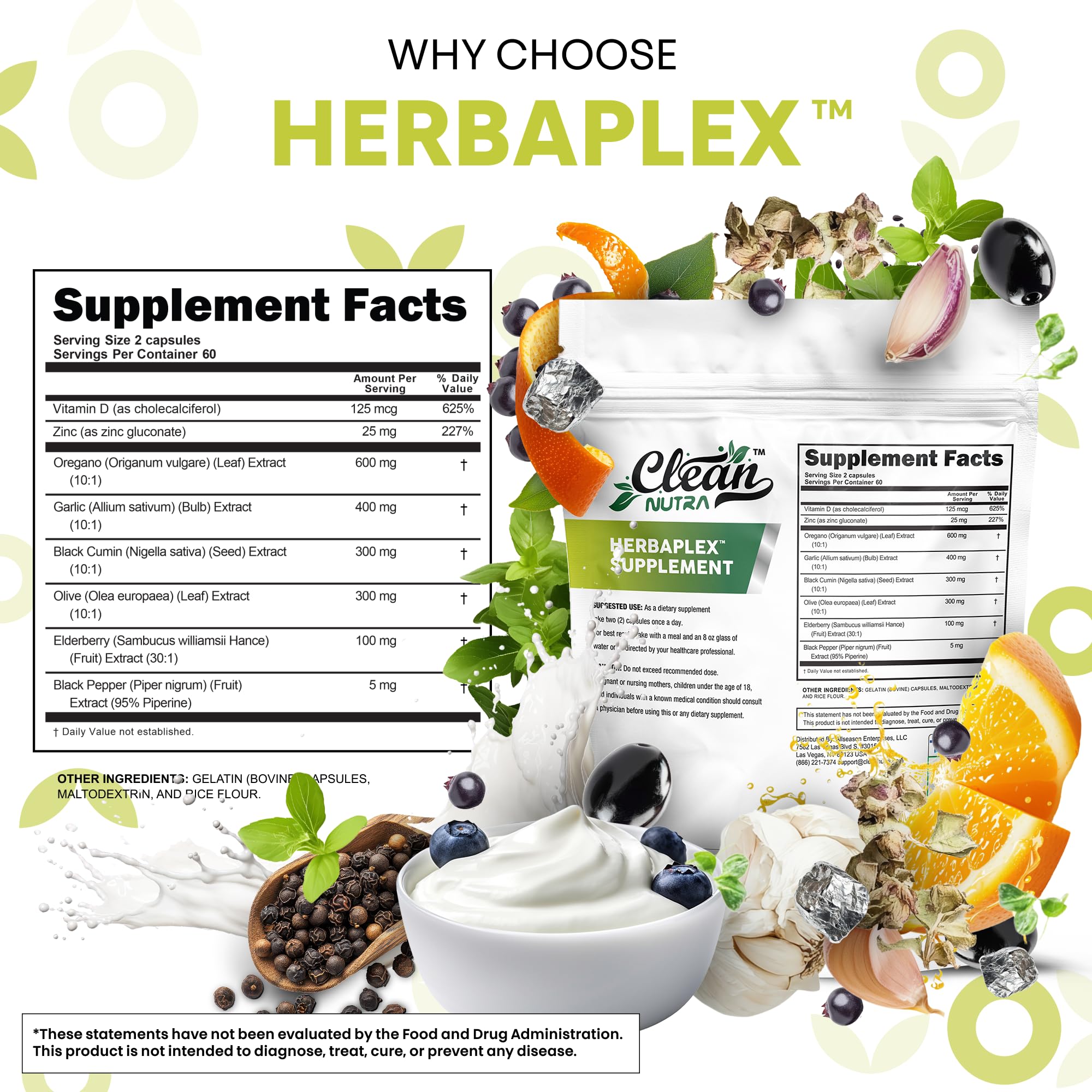 Dried elderberries in Herbaplex blend for seasonal wellness options.