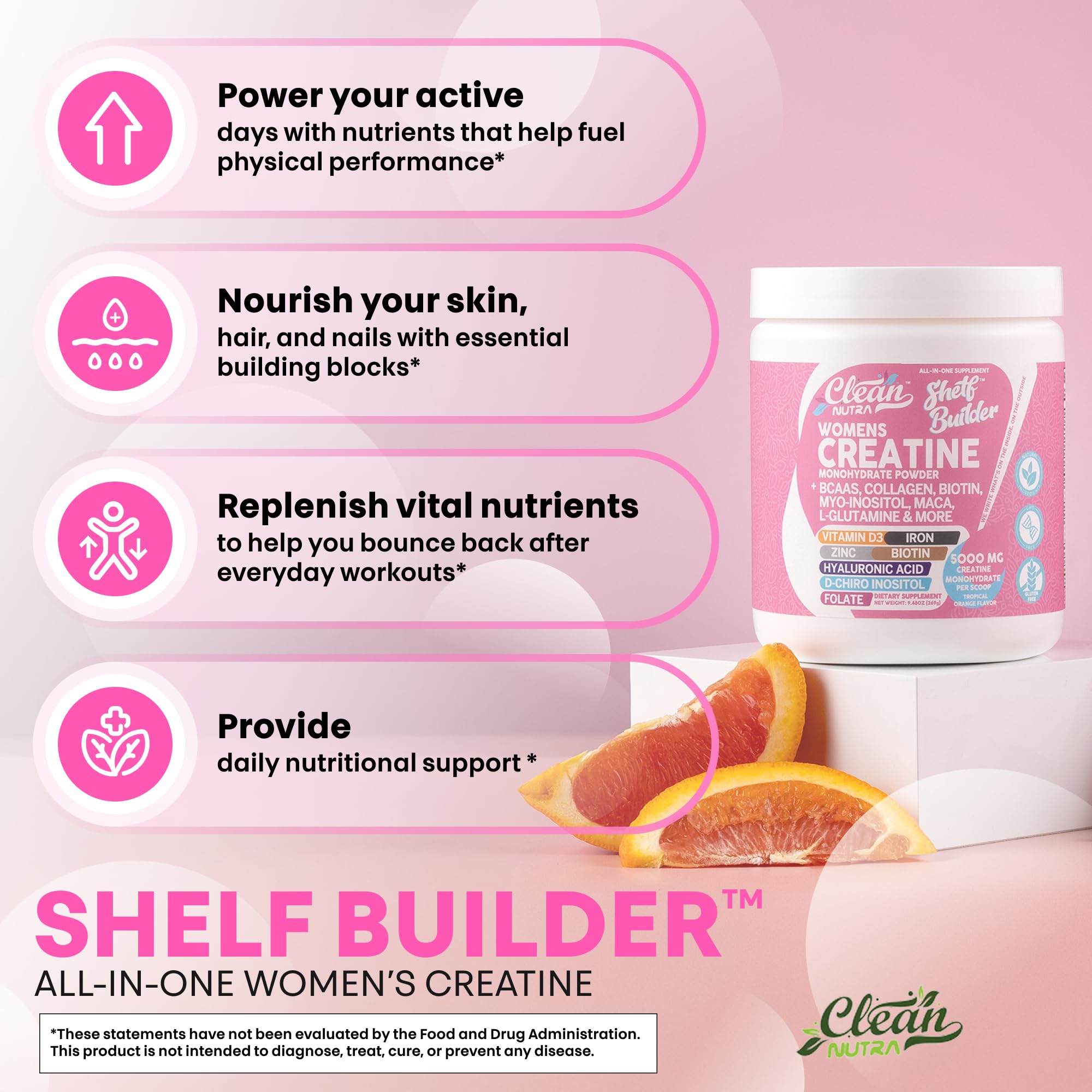 Clean Nutra Hyaluronic Acid powder bottle emphasizing hydration and joints