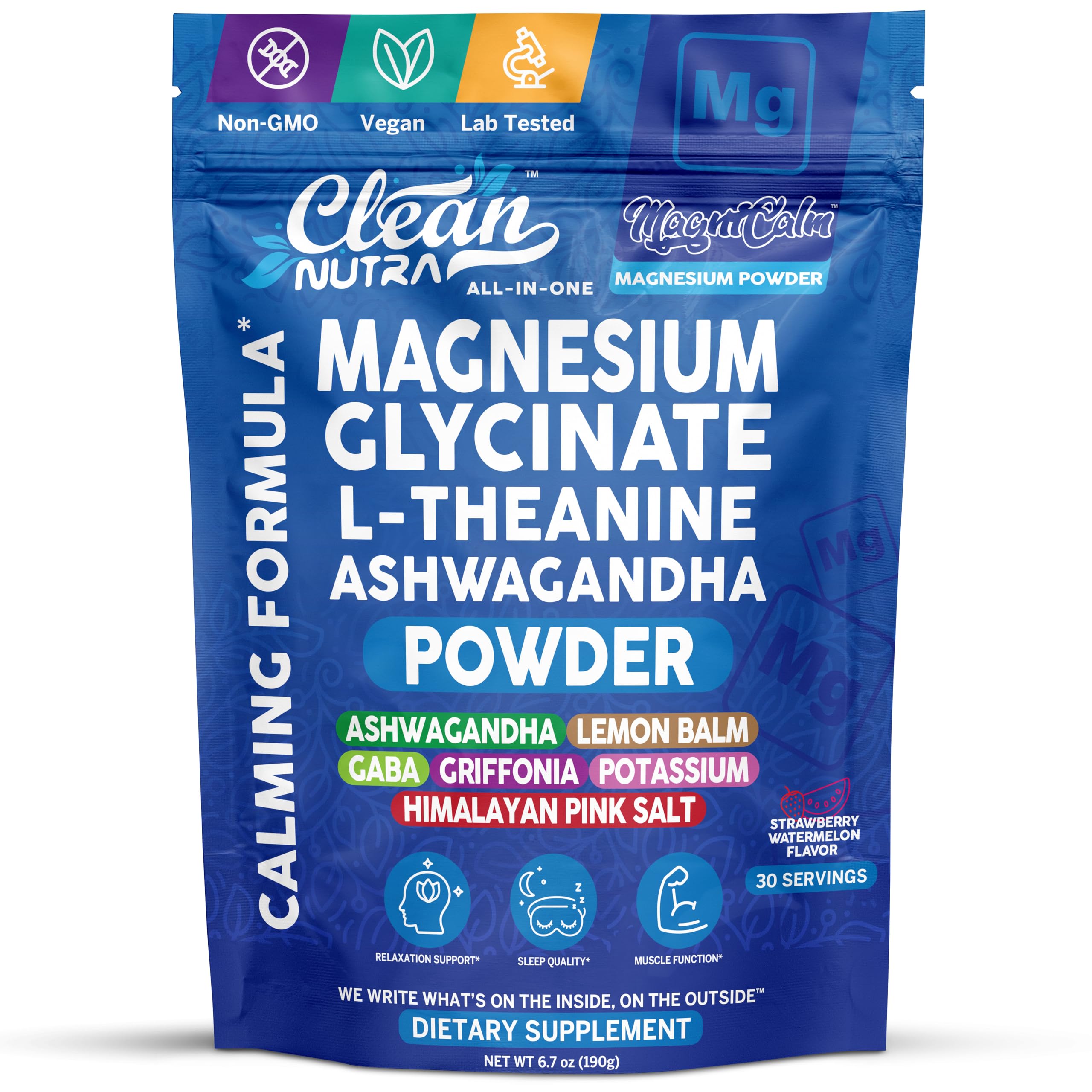 Clean Nutra magnesium blend powder bottle for daily calm