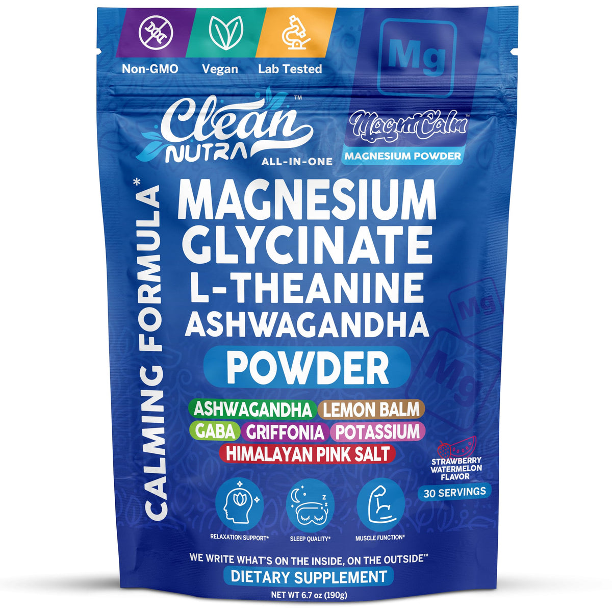 Clean Nutra magnesium blend powder bottle for daily calm