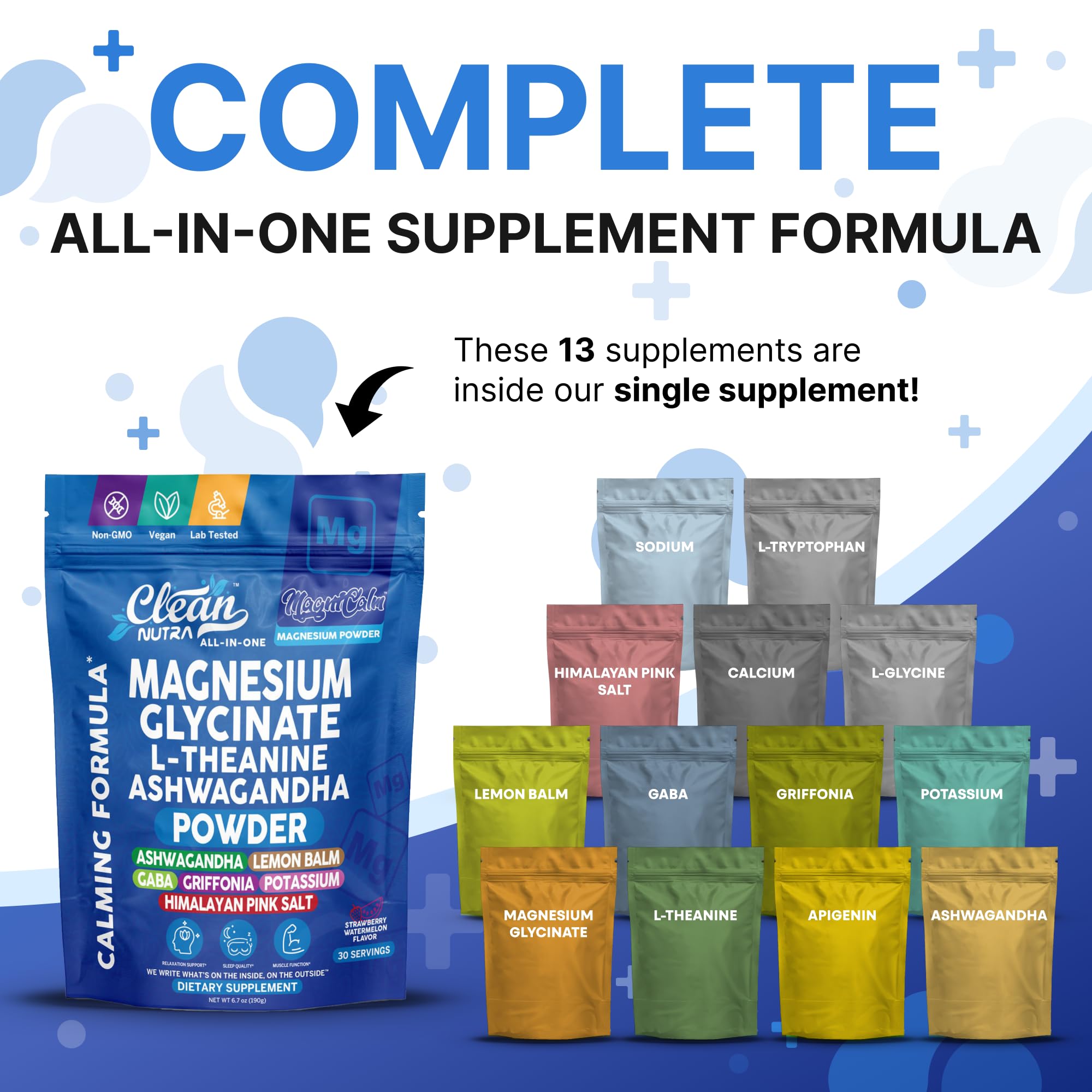 Clean Nutra magnesium blend powder scoop beside glass for easy dosing