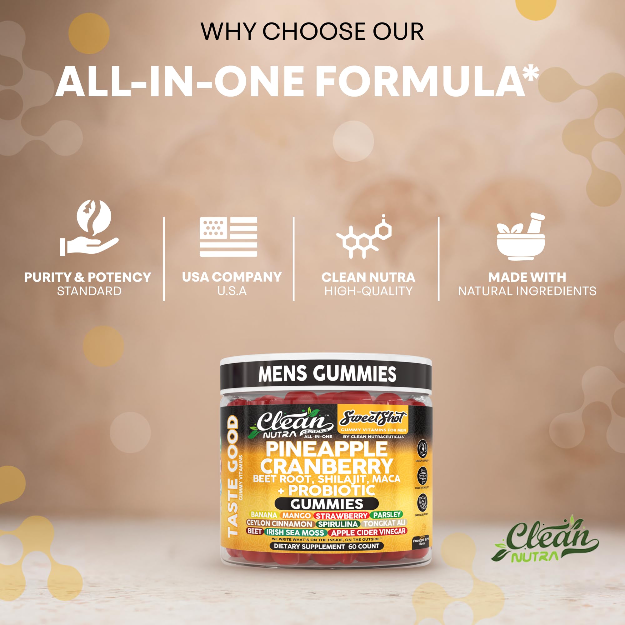 Clean Nutra mango-strawberry gummies close-up offer tropical taste and everyday convenience.