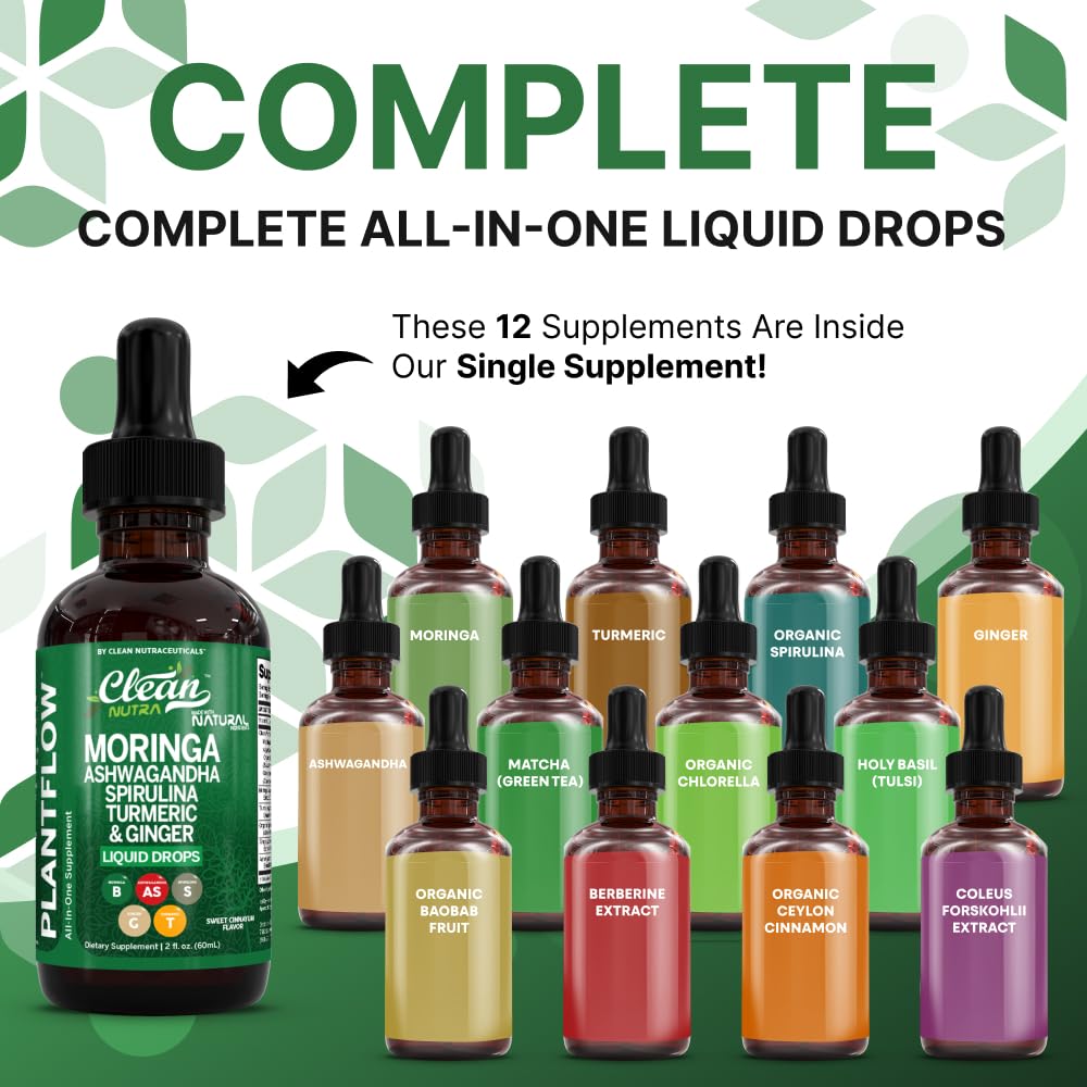 Clean Nutra Moringa Drops dropper pour illustrating quick sublingual delivery for on the go vitality