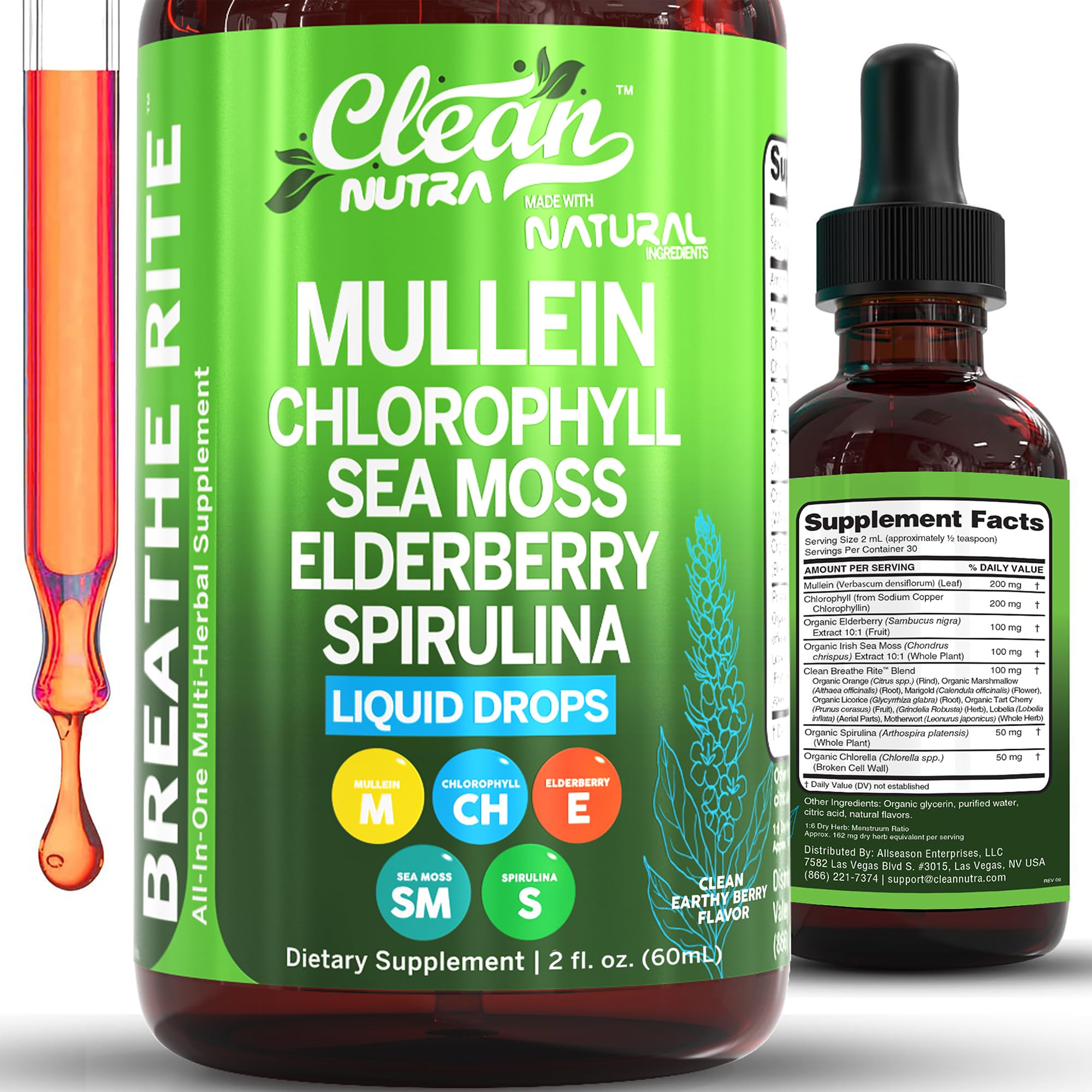 Clean Nutra Mullein Drops bottle closeup highlighting the herbal lung blend.