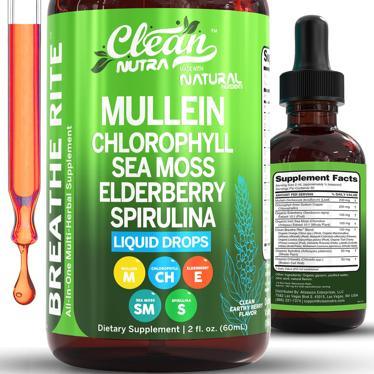 Clean Nutra Mullein Drops bottle closeup highlighting the herbal lung blend.
